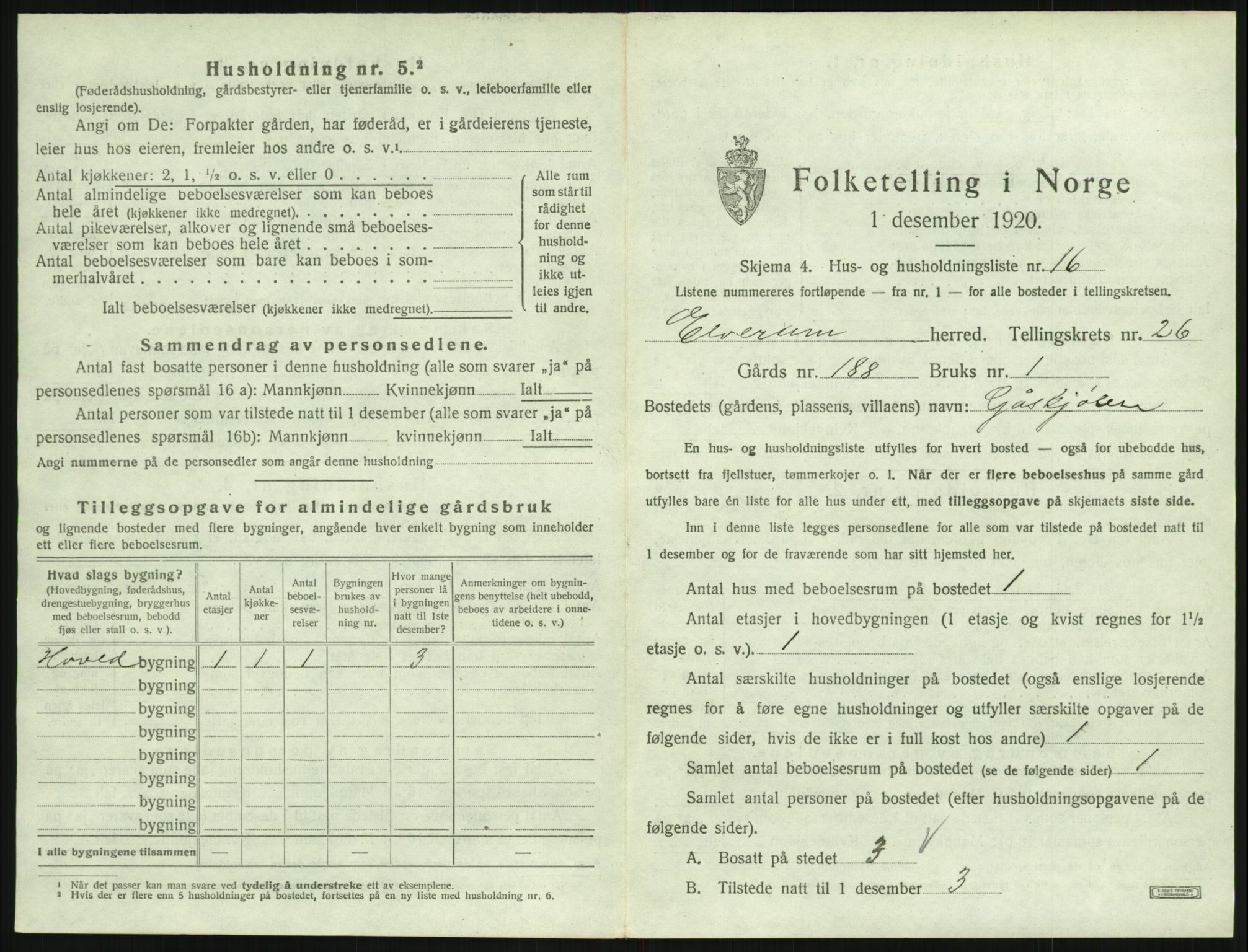 SAH, 1920 census for Elverum, 1920, p. 3768