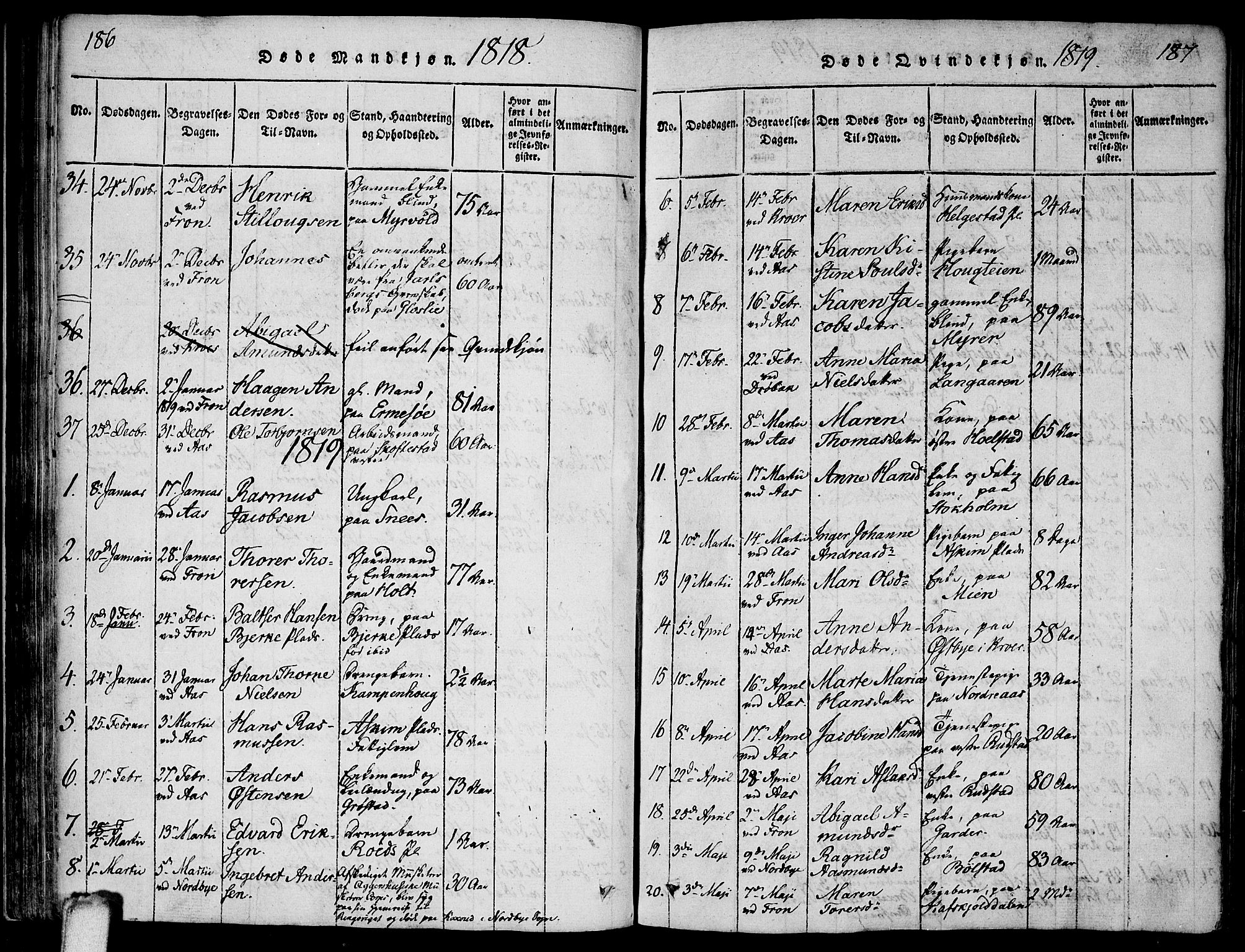 Ås prestekontor Kirkebøker, SAO/A-10894/F/Fa/L0004: Parish register (official) no. I 4, 1818-1826, p. 186-187