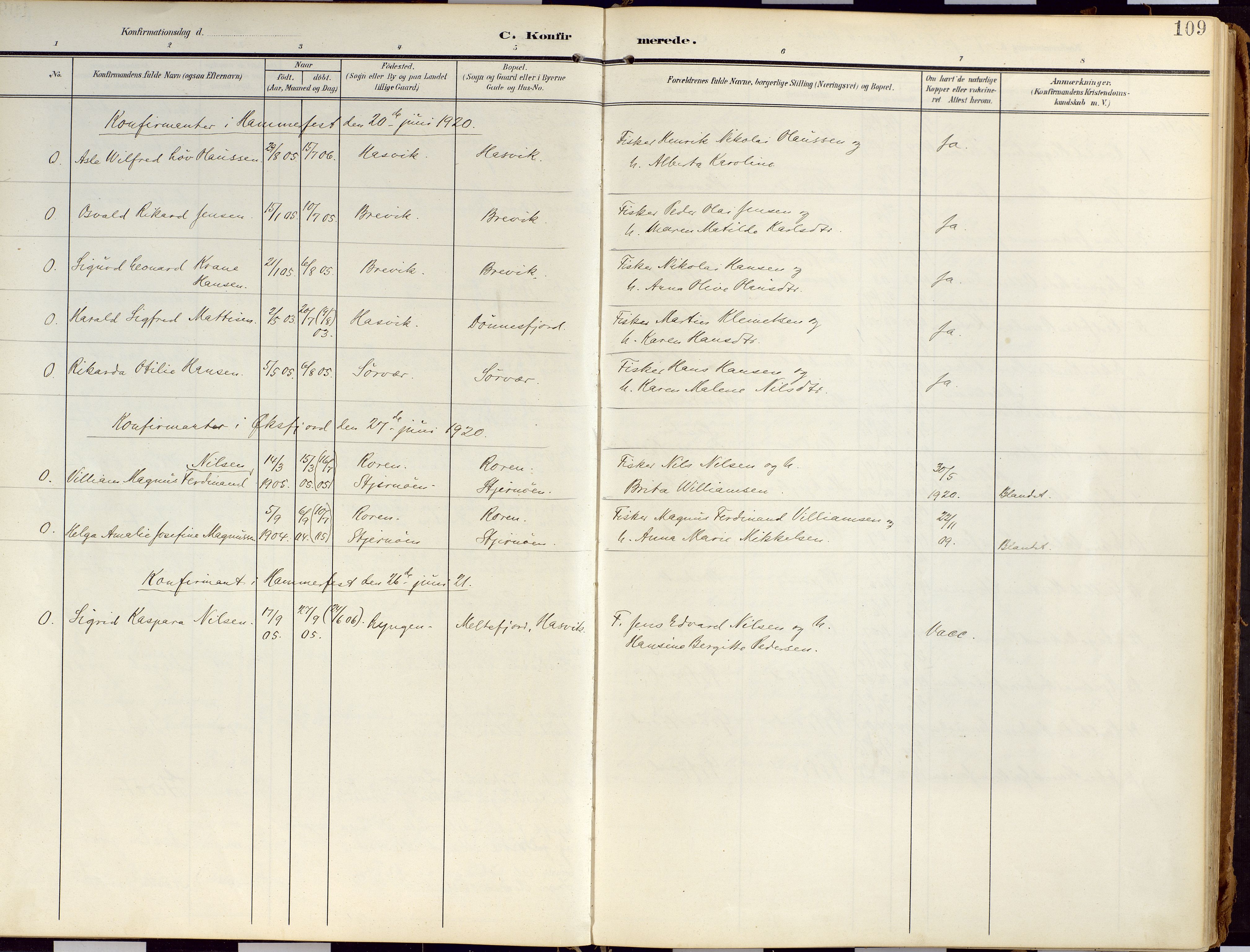 Loppa sokneprestkontor, SATØ/S-1339/H/Ha/L0010kirke: Parish register (official) no. 10, 1907-1922, p. 109
