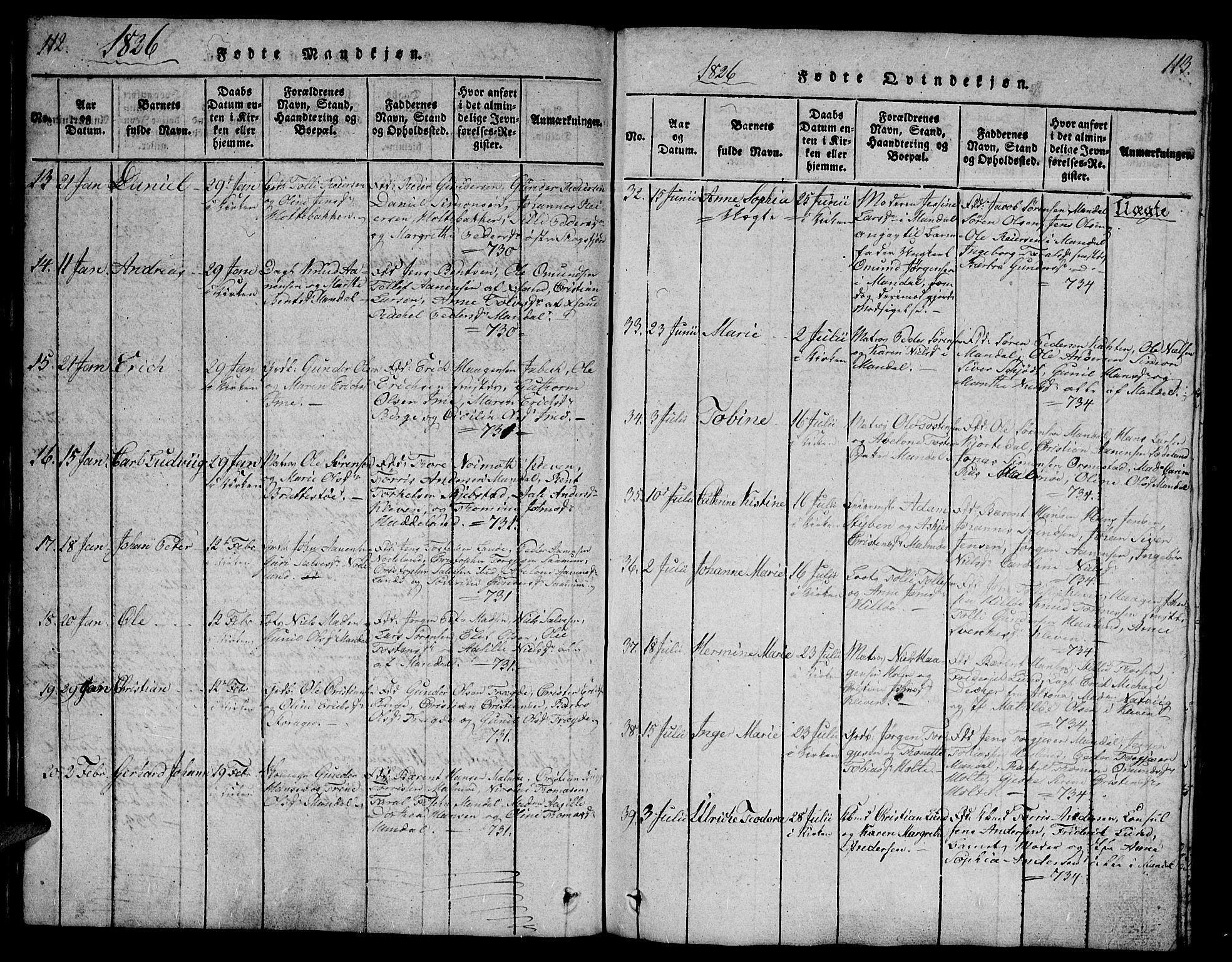 Mandal sokneprestkontor, SAK/1111-0030/F/Fb/Fba/L0001: Parish register (copy) no. B 1, 1818-1830, p. 112-113