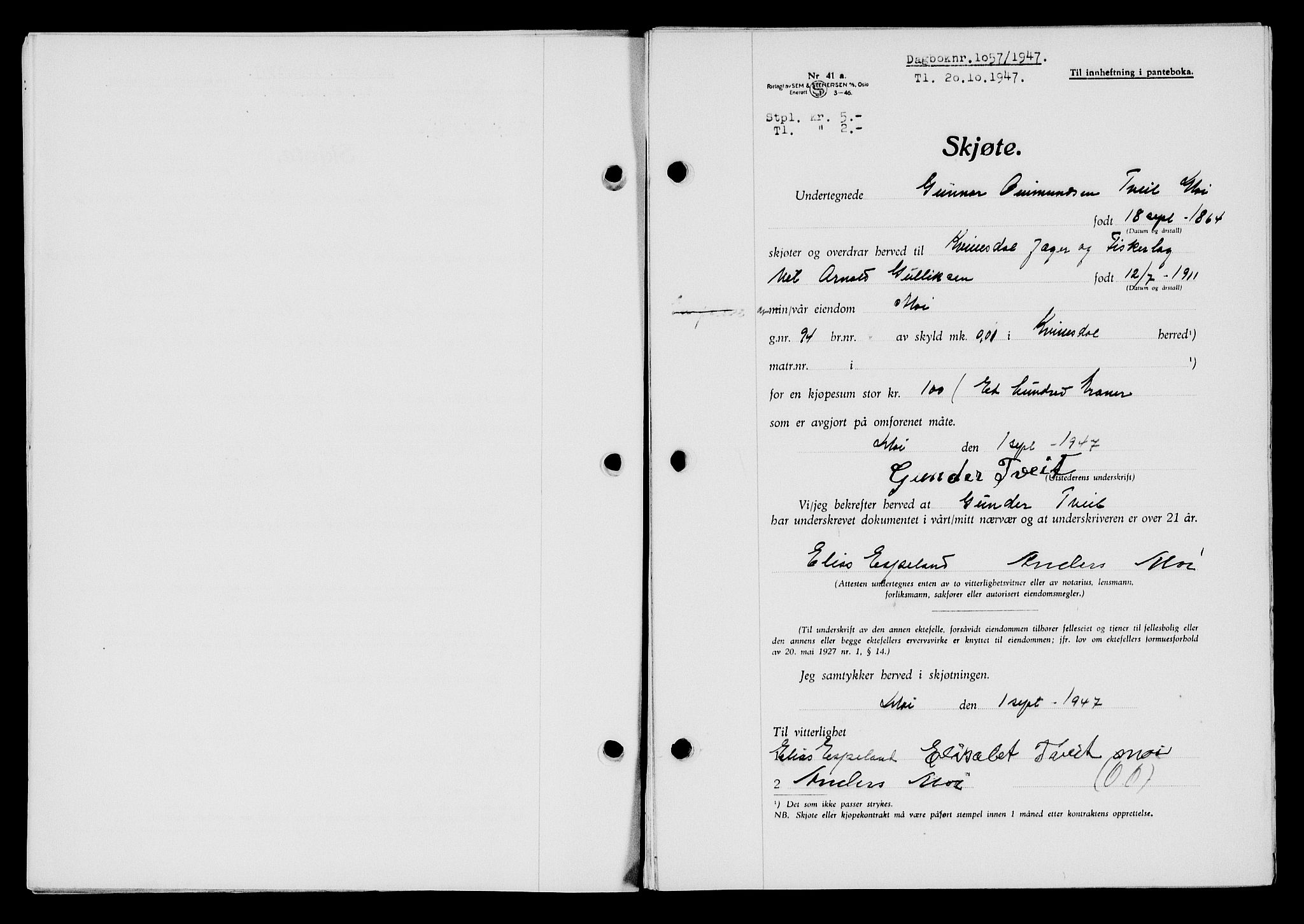 Flekkefjord sorenskriveri, AV/SAK-1221-0001/G/Gb/Gba/L0063: Mortgage book no. A-11, 1947-1948, Diary no: : 1057/1947