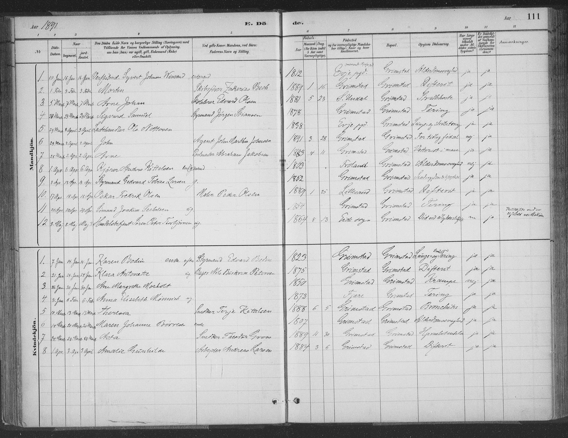 Grimstad sokneprestkontor, SAK/1111-0017/F/Fa/L0004: Parish register (official) no. A 3, 1882-1910, p. 111