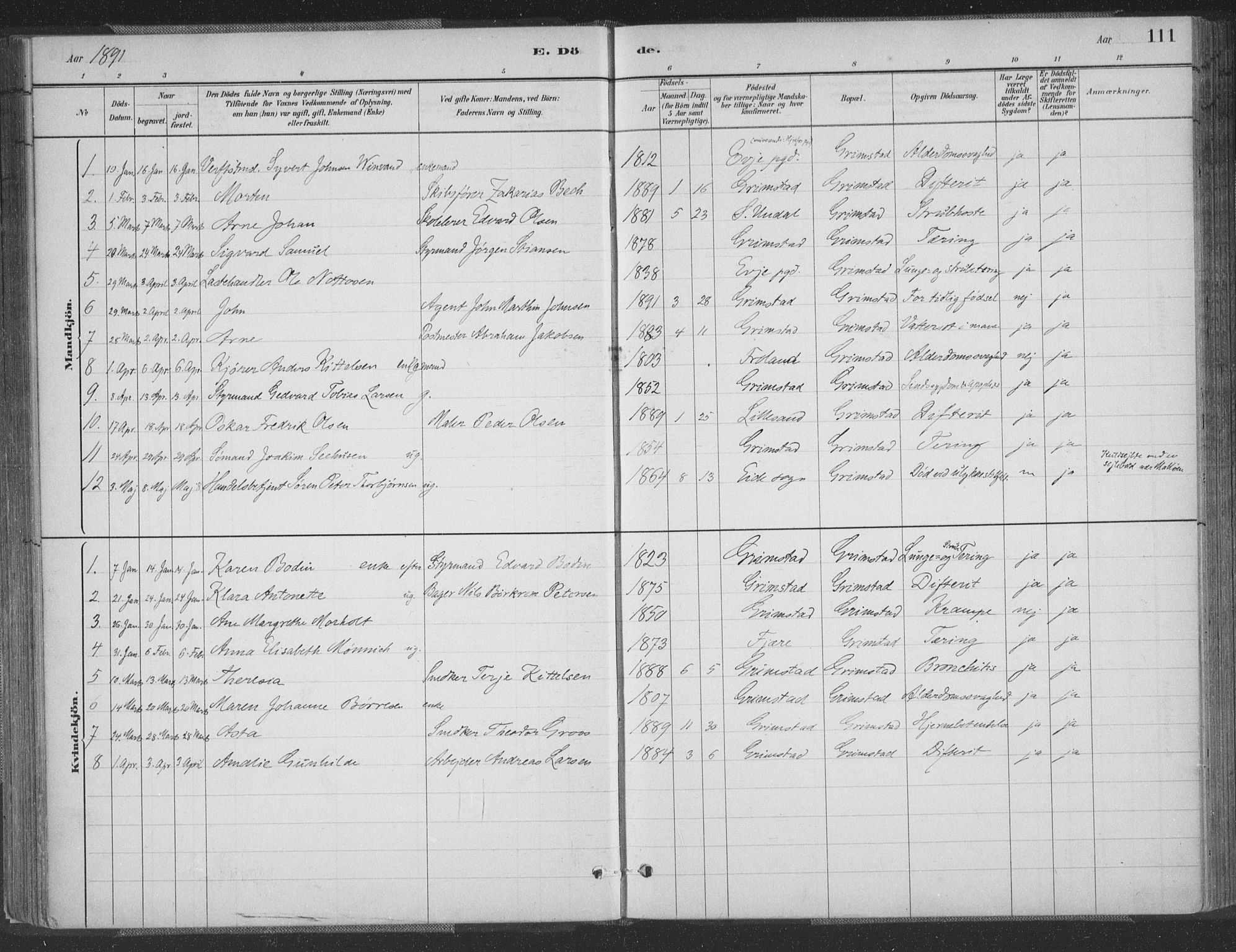 Grimstad sokneprestkontor, AV/SAK-1111-0017/F/Fa/L0004: Parish register (official) no. A 3, 1882-1910, p. 111