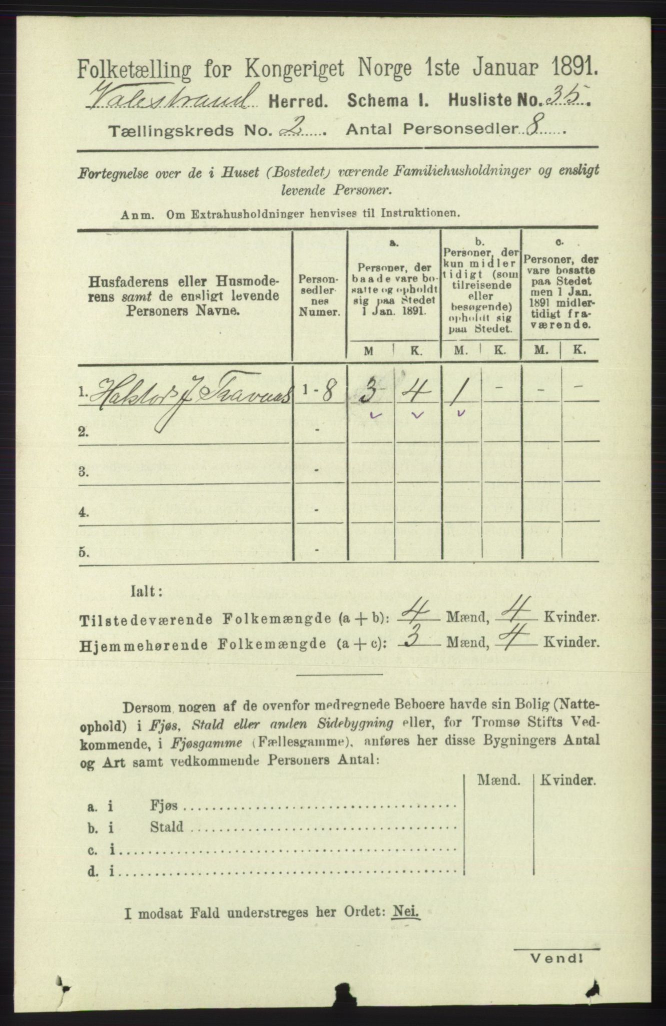 RA, 1891 census for 1217 Valestrand, 1891, p. 294