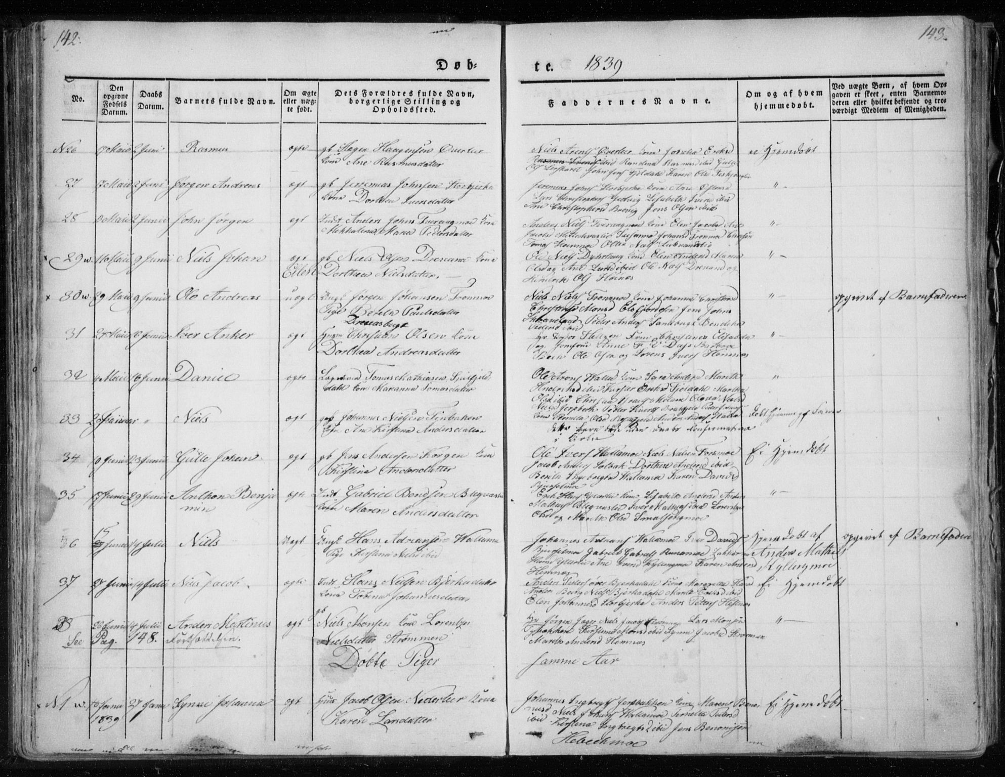 Ministerialprotokoller, klokkerbøker og fødselsregistre - Nordland, AV/SAT-A-1459/825/L0354: Parish register (official) no. 825A08, 1826-1841, p. 142-143