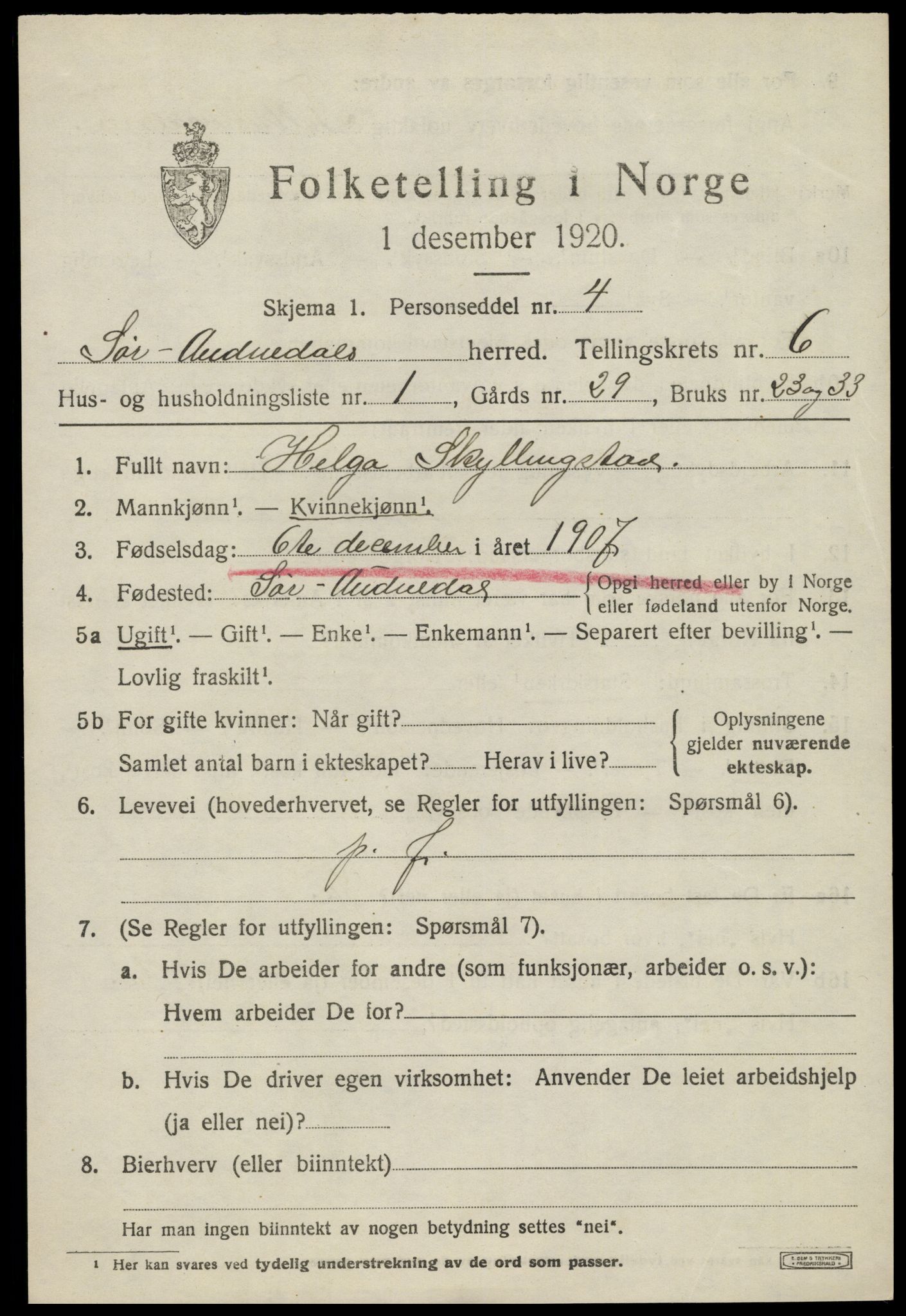 SAK, 1920 census for Sør-Audnedal, 1920, p. 2697