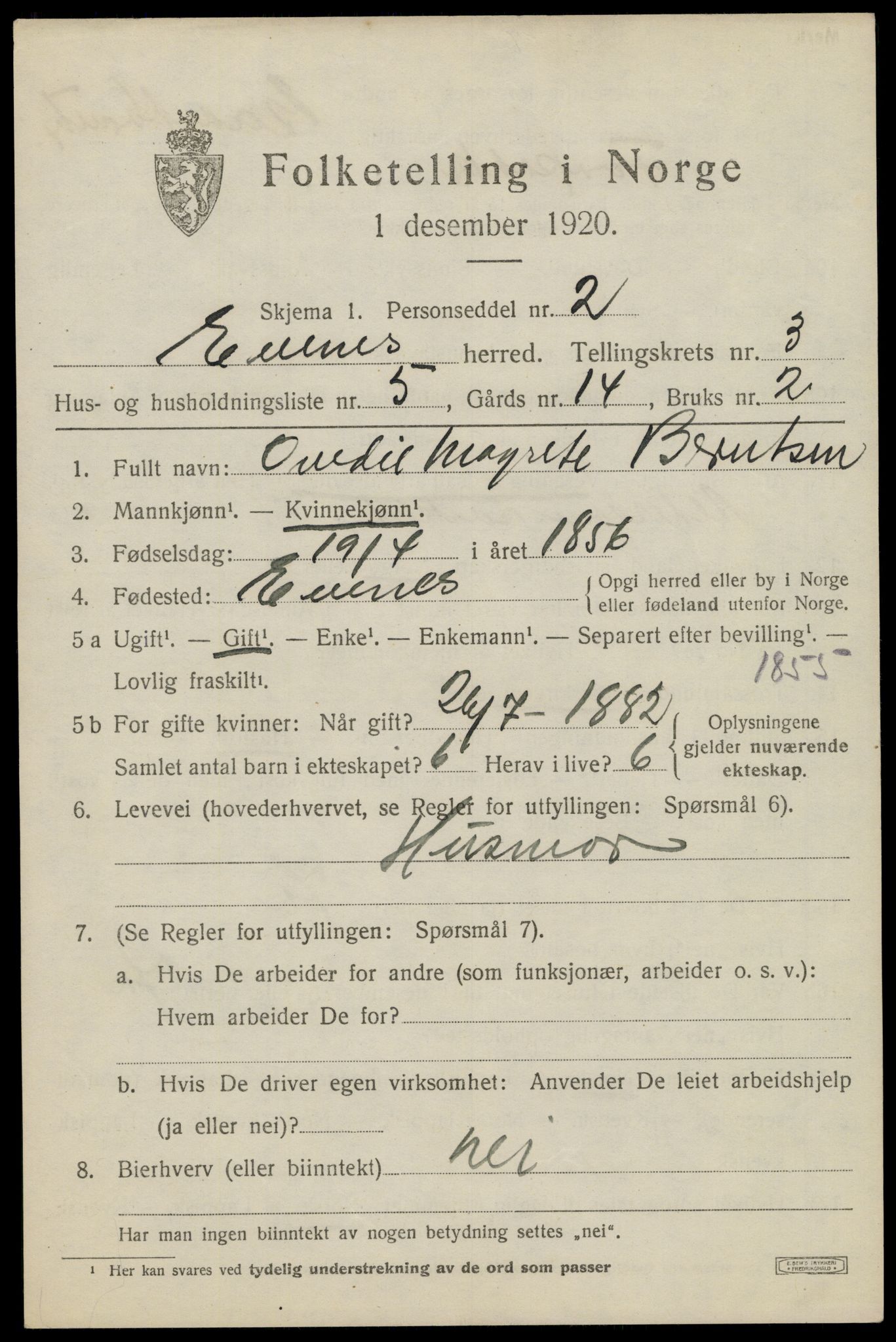 SAT, 1920 census for Evenes, 1920, p. 3002