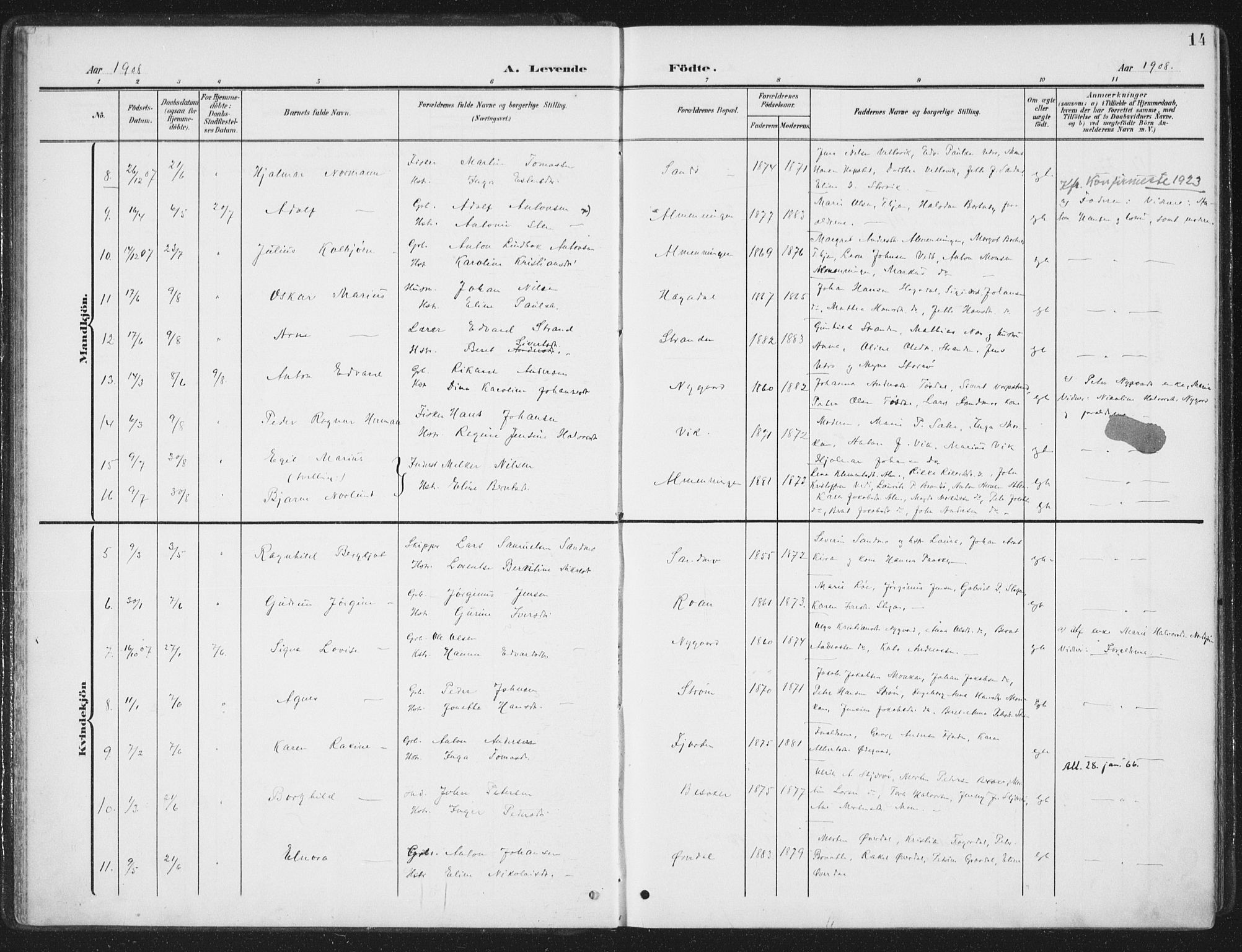 Ministerialprotokoller, klokkerbøker og fødselsregistre - Sør-Trøndelag, SAT/A-1456/657/L0709: Parish register (official) no. 657A10, 1905-1919, p. 14