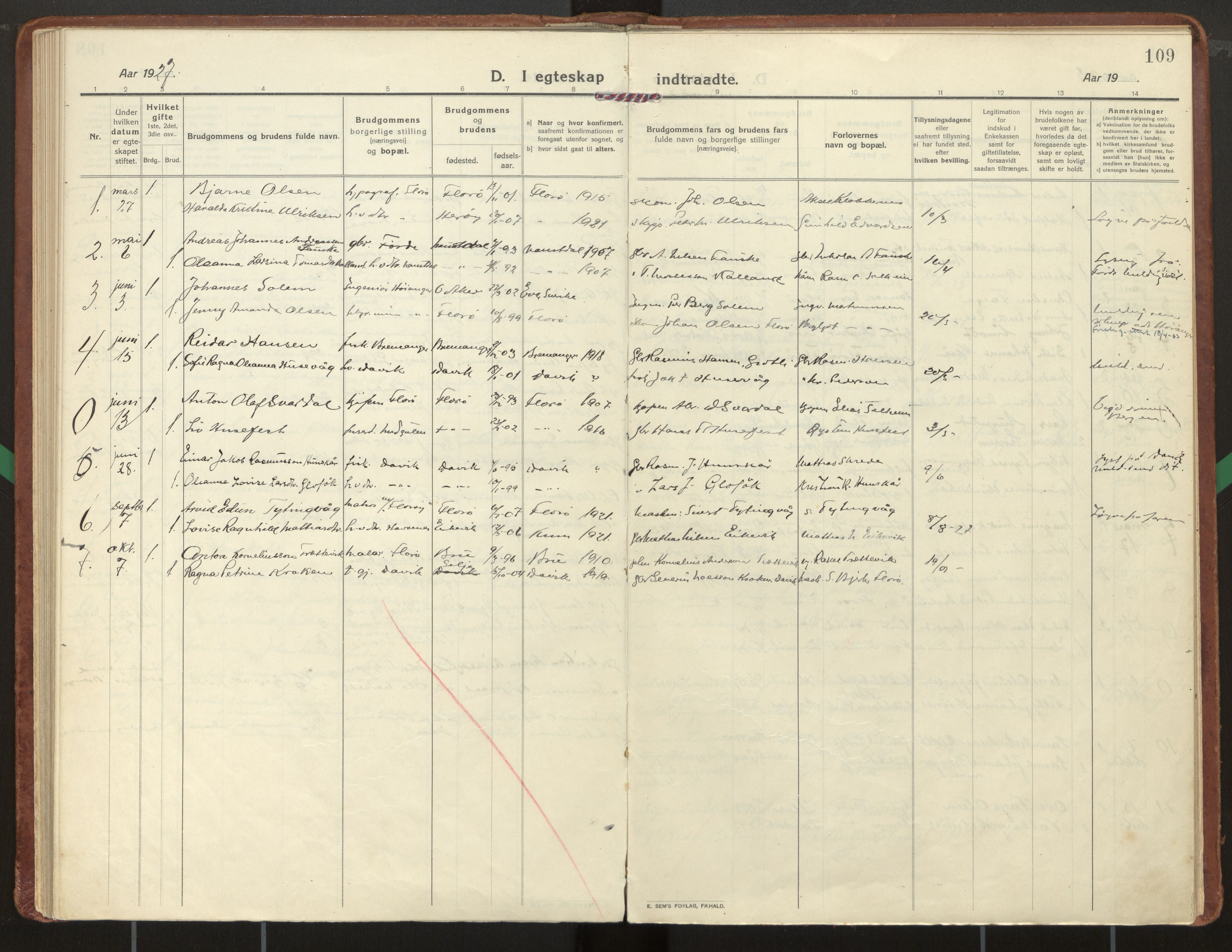 Kinn sokneprestembete, AV/SAB-A-80801/H/Haa/Haac/L0003: Parish register (official) no. C 3, 1917-1934, p. 109