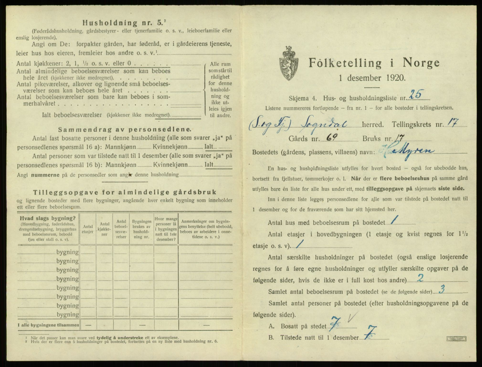 SAB, 1920 census for Sogndal, 1920, p. 937