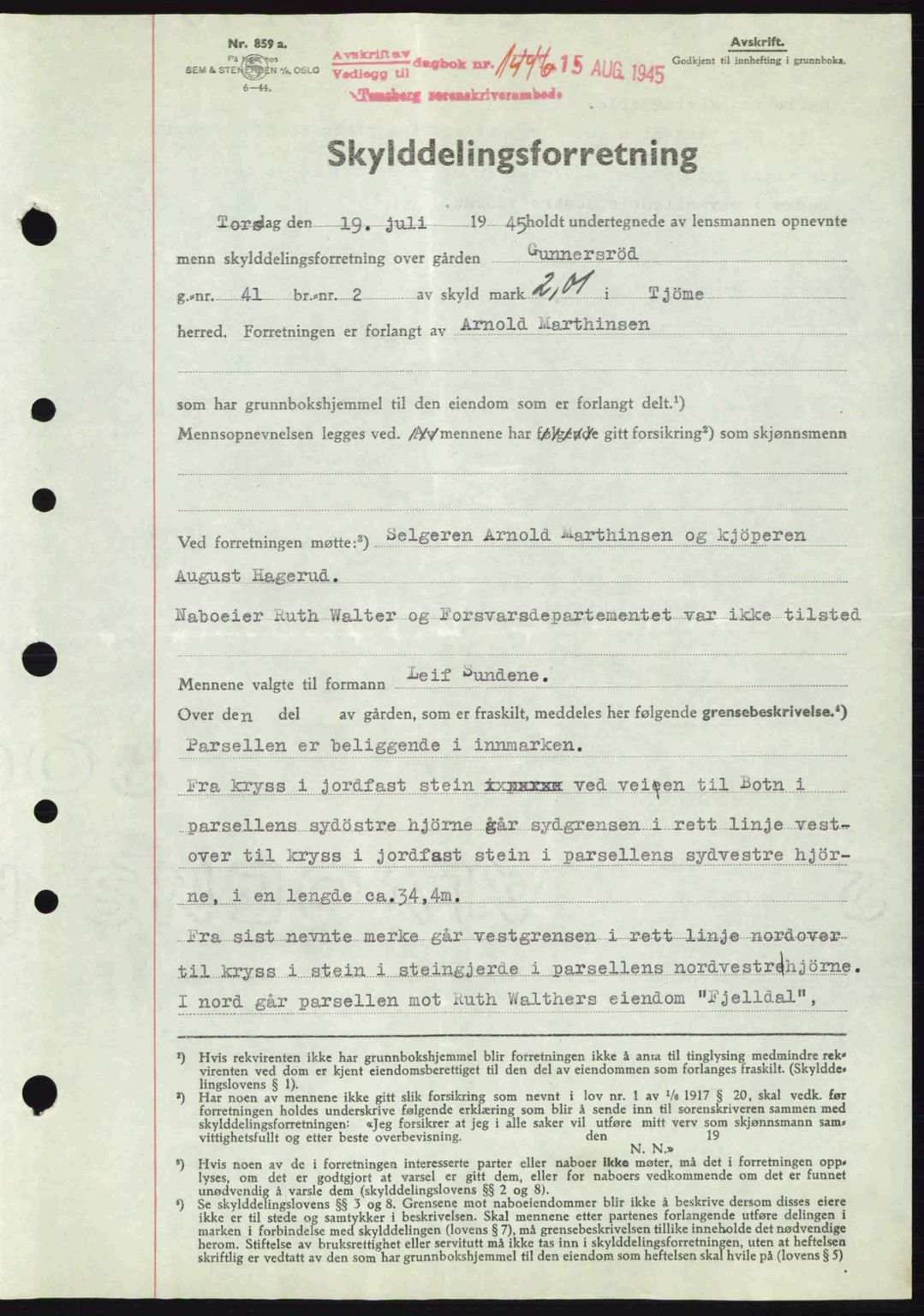 Tønsberg sorenskriveri, AV/SAKO-A-130/G/Ga/Gaa/L0017a: Mortgage book no. A17a, 1945-1945, Diary no: : 1446/1945