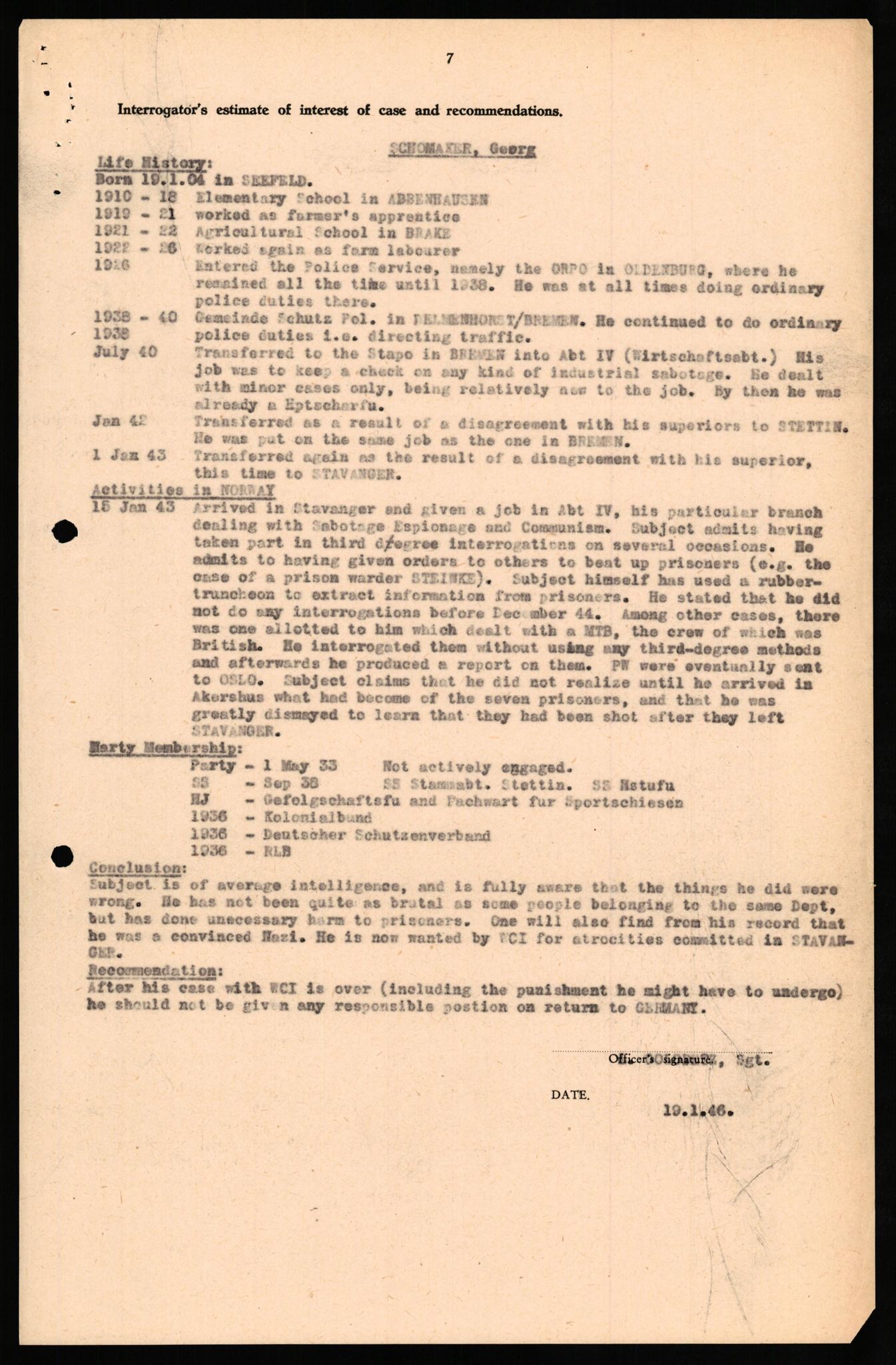 Forsvaret, Forsvarets overkommando II, AV/RA-RAFA-3915/D/Db/L0030: CI Questionaires. Tyske okkupasjonsstyrker i Norge. Tyskere., 1945-1946, p. 168