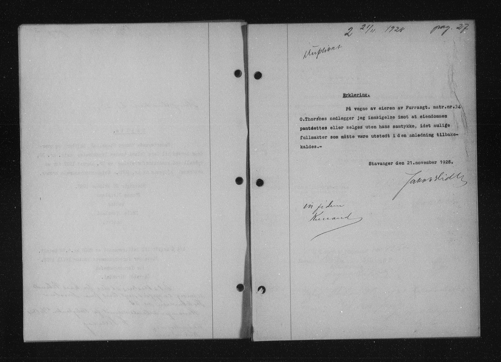 Stavanger byfogd, SAST/A-101408/001/4/41/410/410BB/L0055: Mortgage book no. 43, 1928-1929, Deed date: 21.11.1928