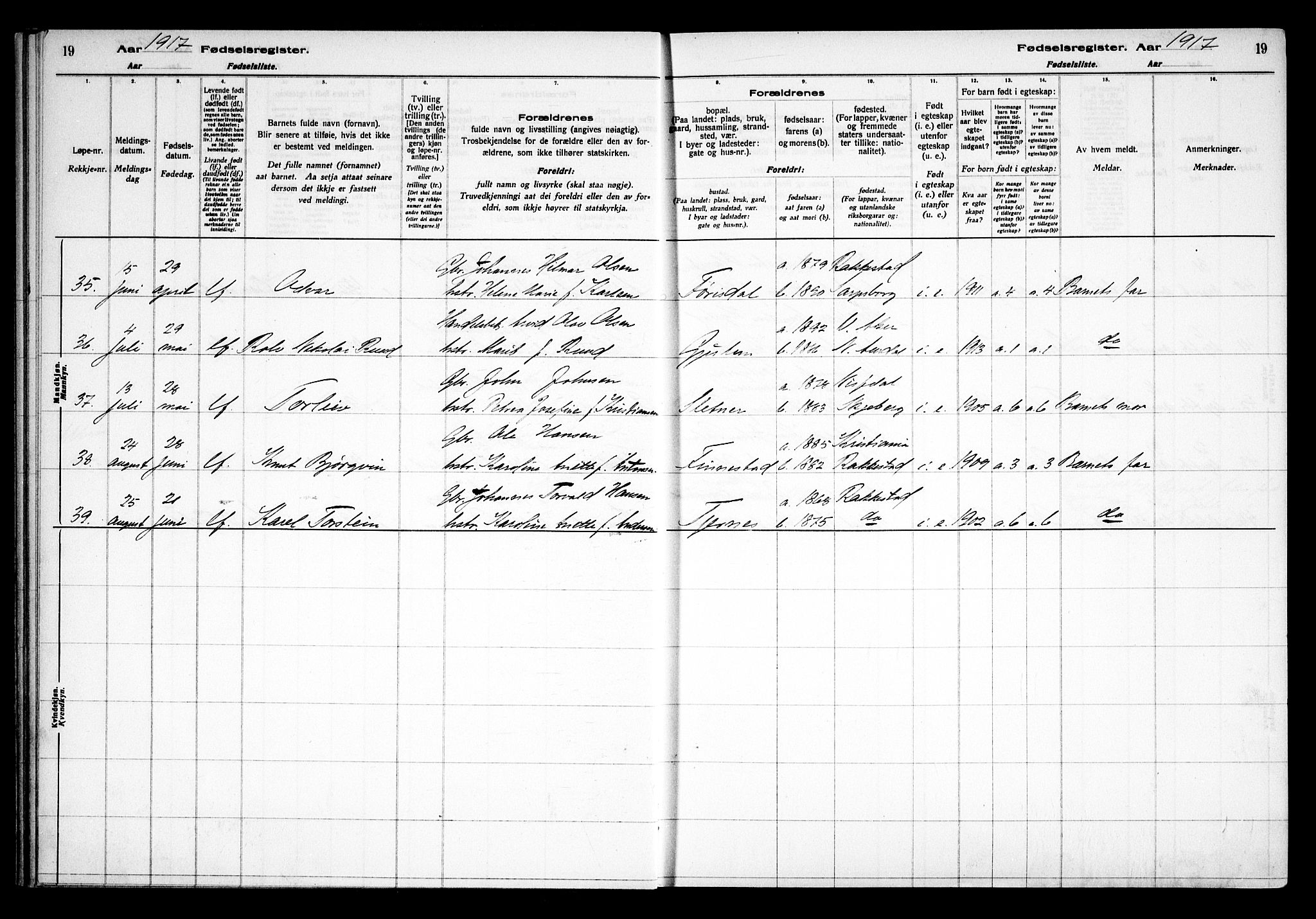 Rakkestad prestekontor Kirkebøker, AV/SAO-A-2008/J/Ja/L0001: Birth register no. I 1, 1916-1936, p. 19