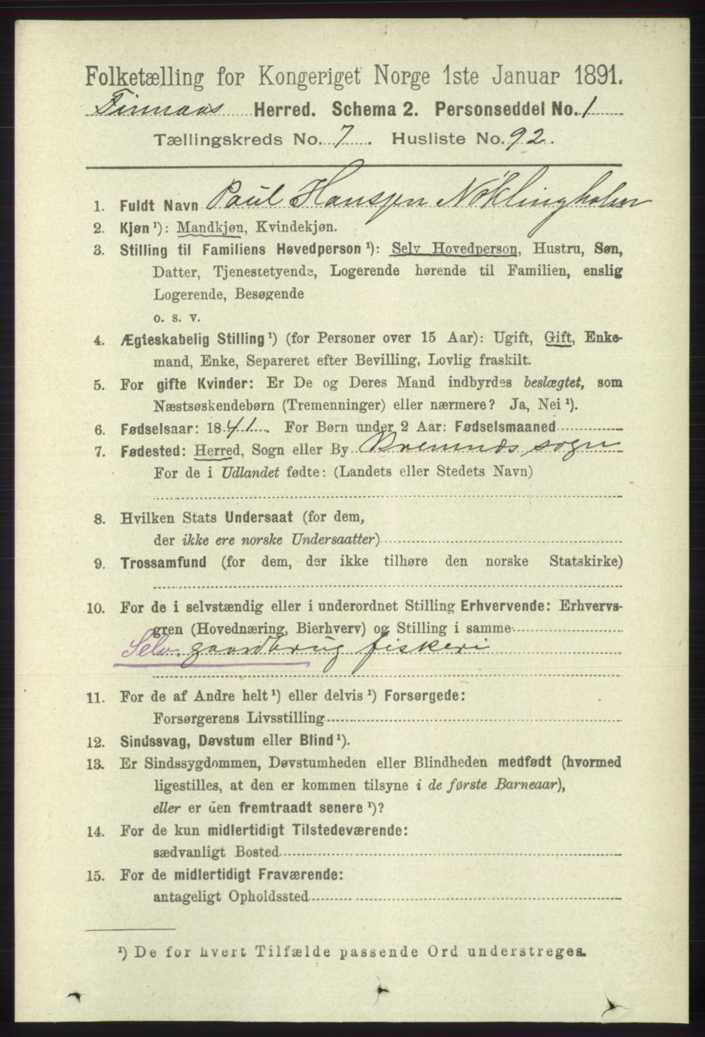 RA, 1891 census for 1218 Finnås, 1891, p. 3284