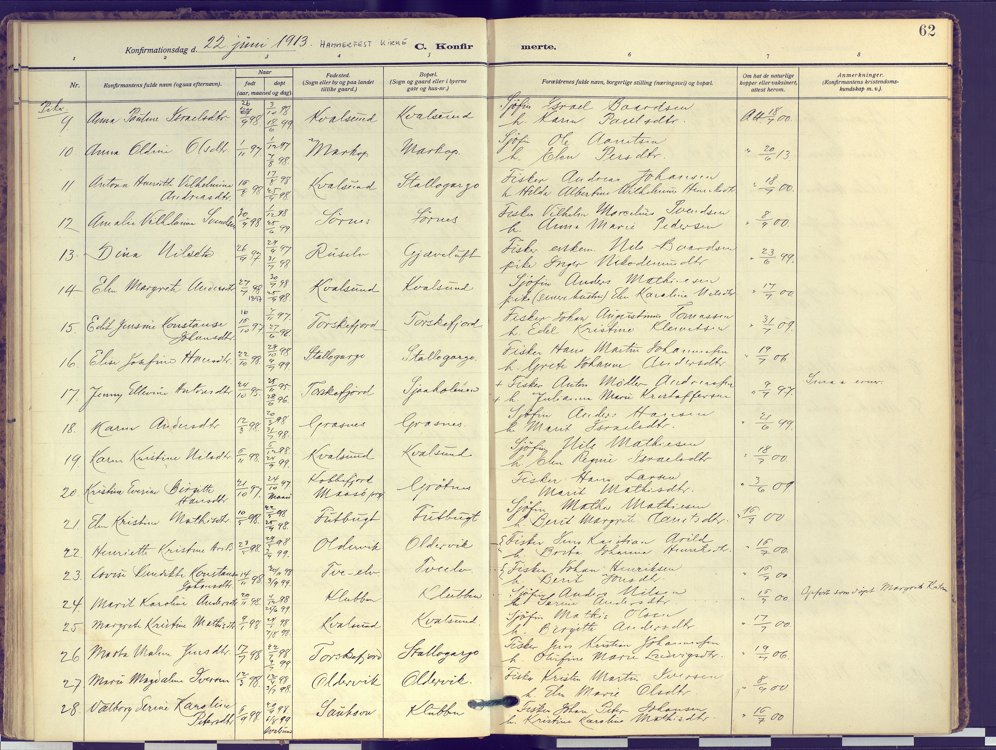 Hammerfest sokneprestkontor, SATØ/S-1347: Parish register (official) no. 16, 1908-1923, p. 62