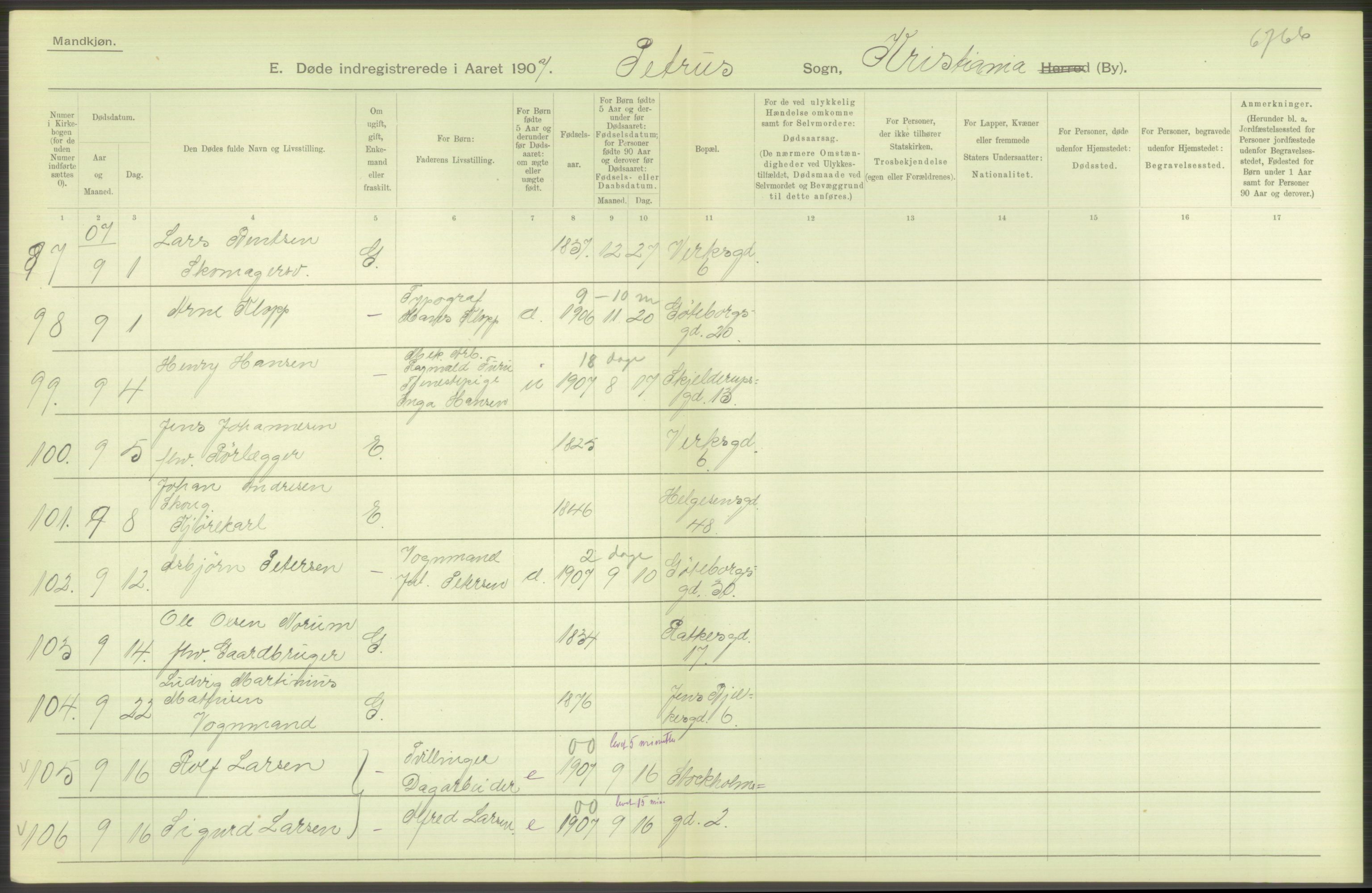 Statistisk sentralbyrå, Sosiodemografiske emner, Befolkning, AV/RA-S-2228/D/Df/Dfa/Dfae/L0010: Kristiania: Døde, dødfødte, 1907, p. 258