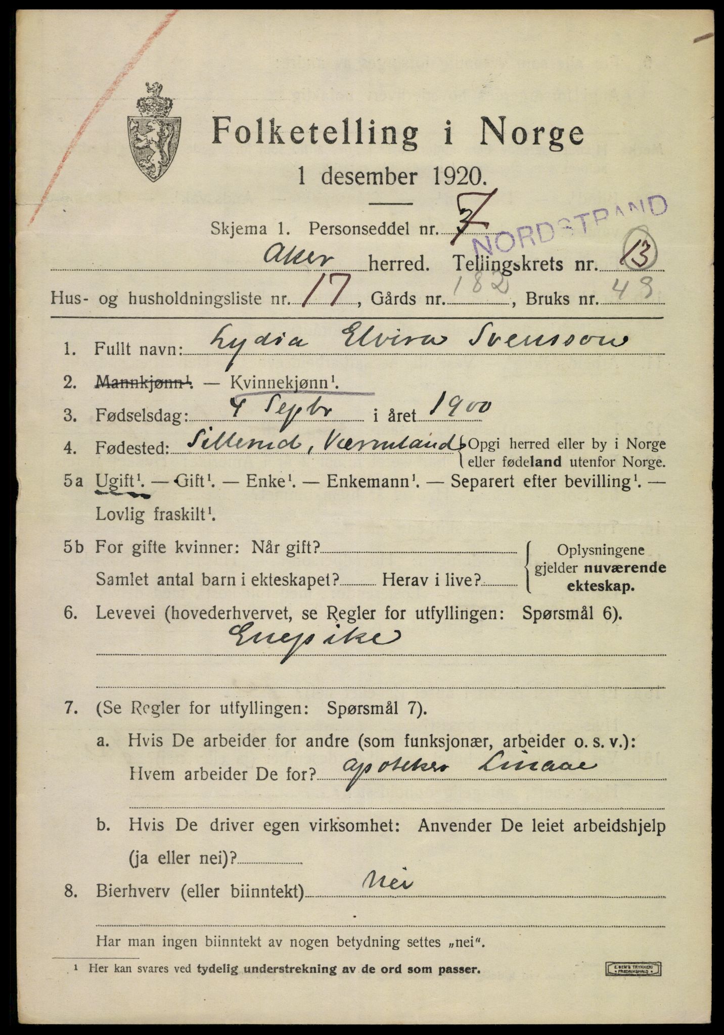 SAO, 1920 census for Aker, 1920, p. 77456