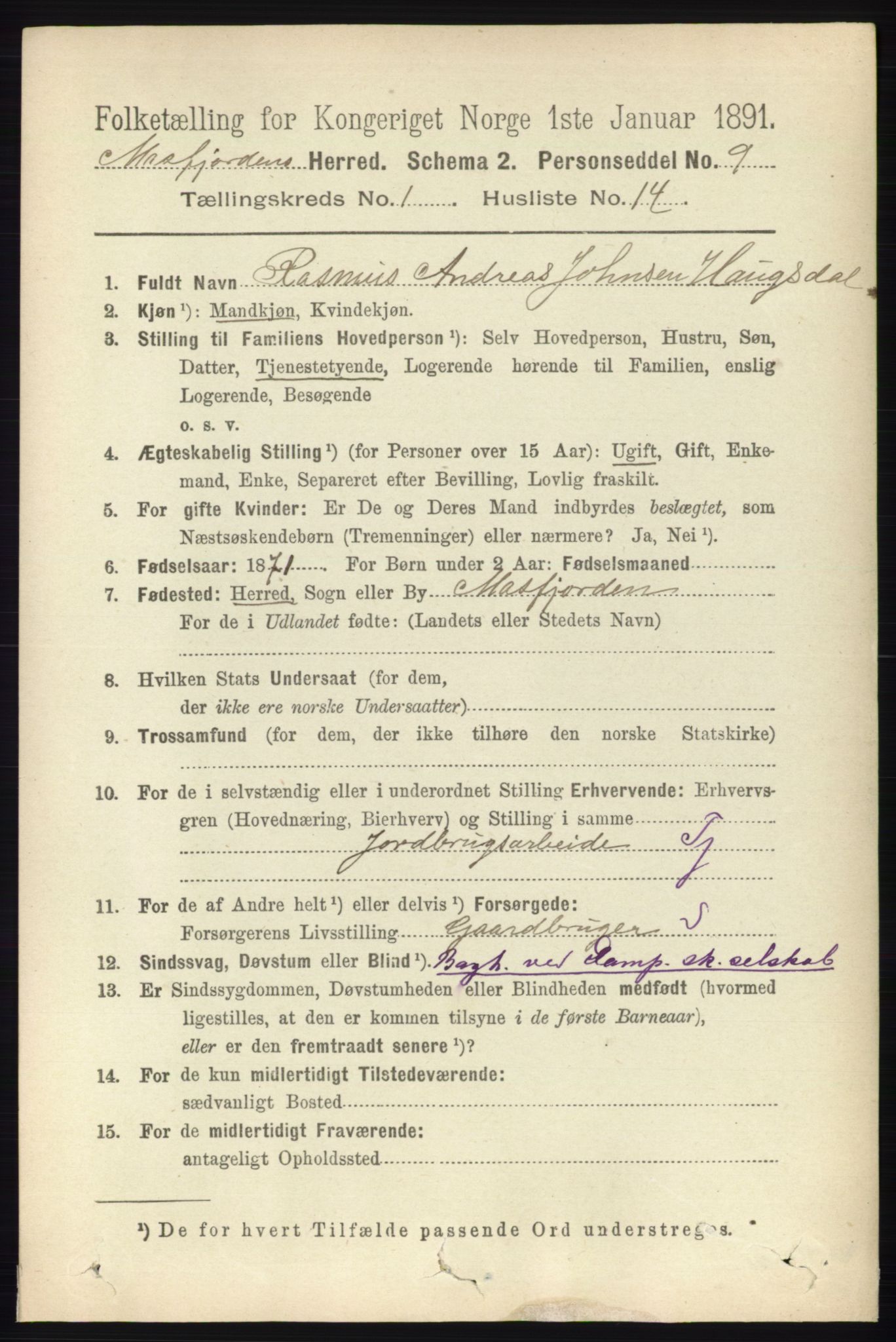 RA, 1891 census for 1266 Masfjorden, 1891, p. 141