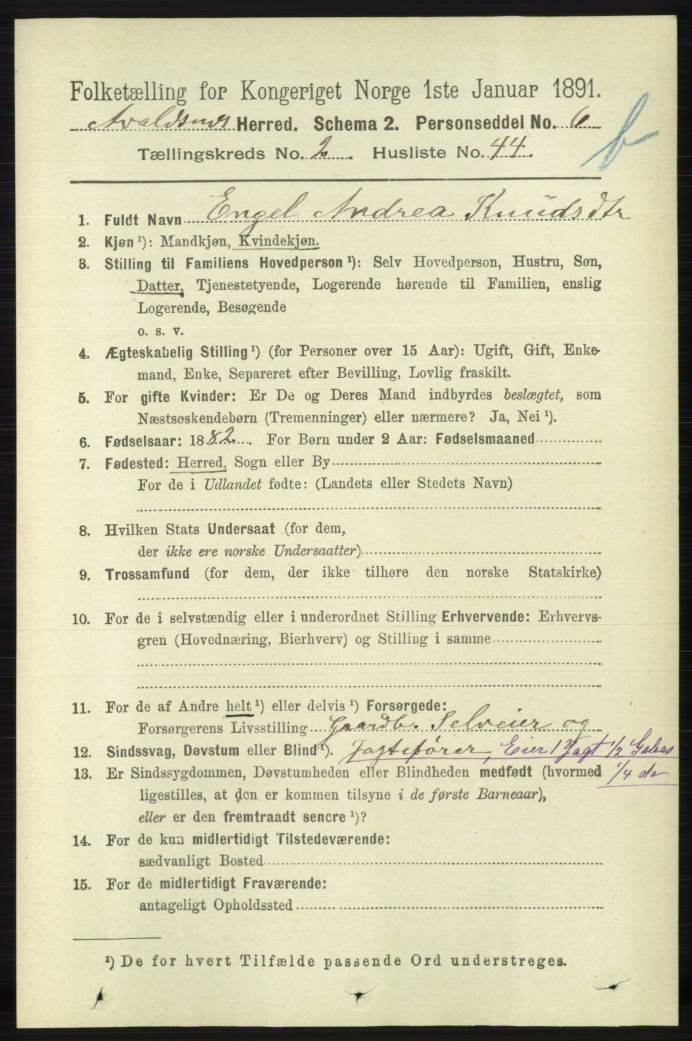 RA, 1891 census for 1147 Avaldsnes, 1891, p. 2217