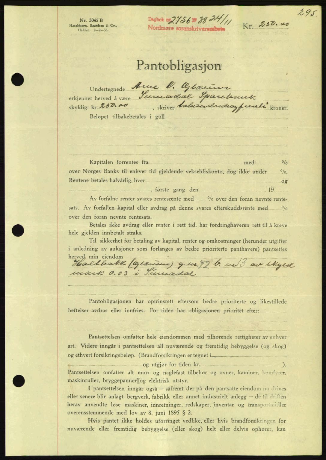 Nordmøre sorenskriveri, SAT/A-4132/1/2/2Ca: Mortgage book no. B84, 1938-1939, Diary no: : 2756/1938