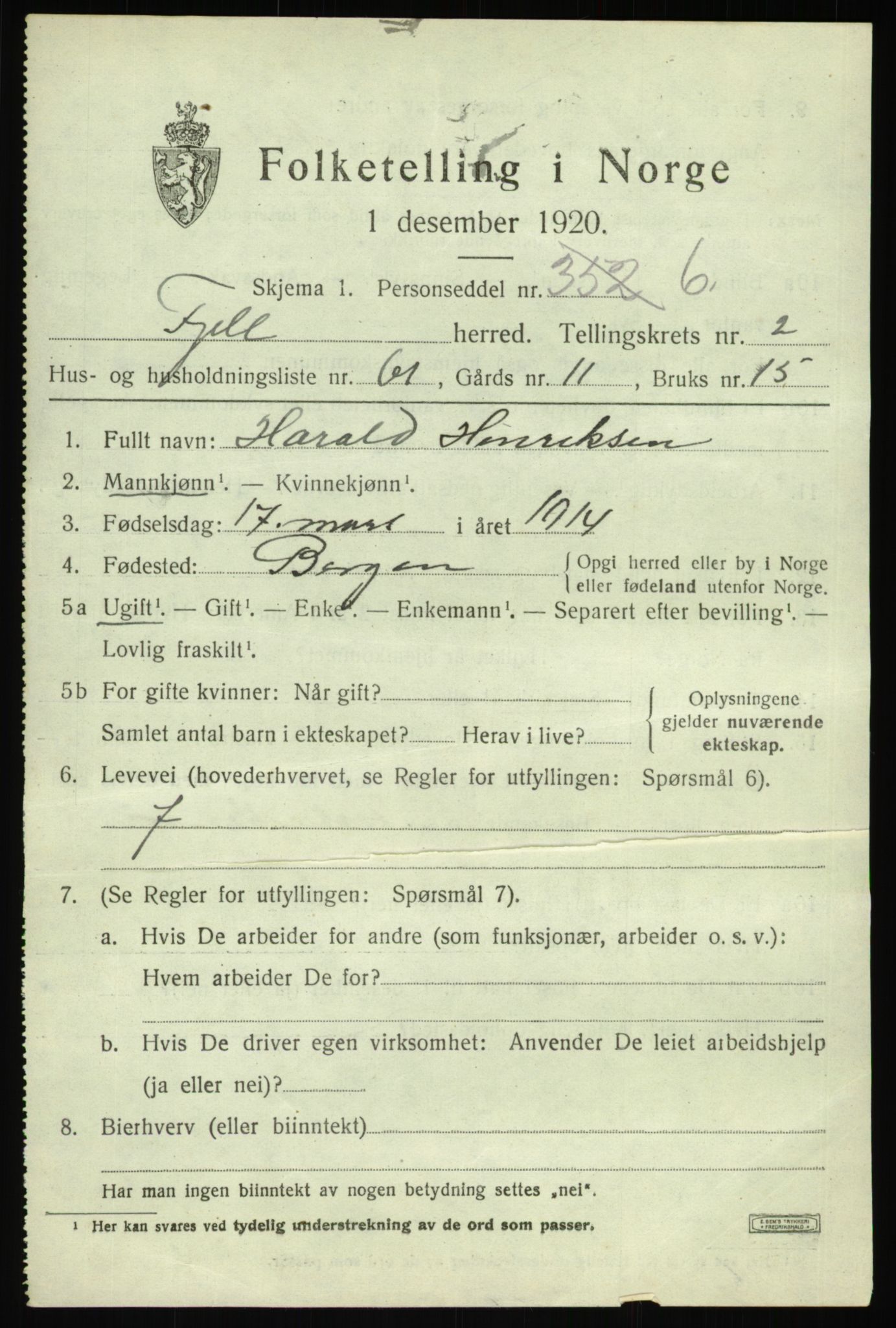 SAB, 1920 census for Fjell, 1920, p. 2950