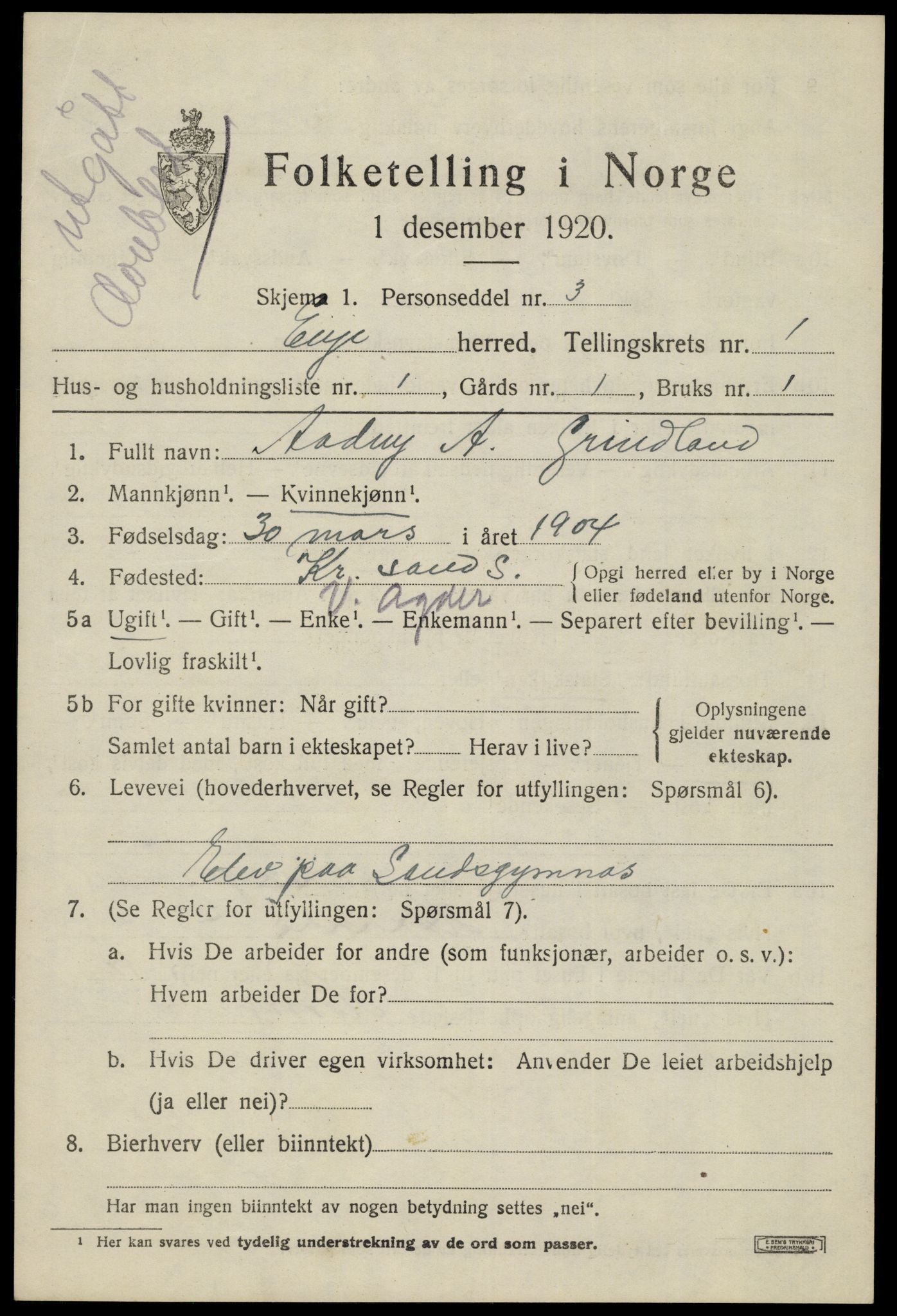 SAK, 1920 census for Evje, 1920, p. 538