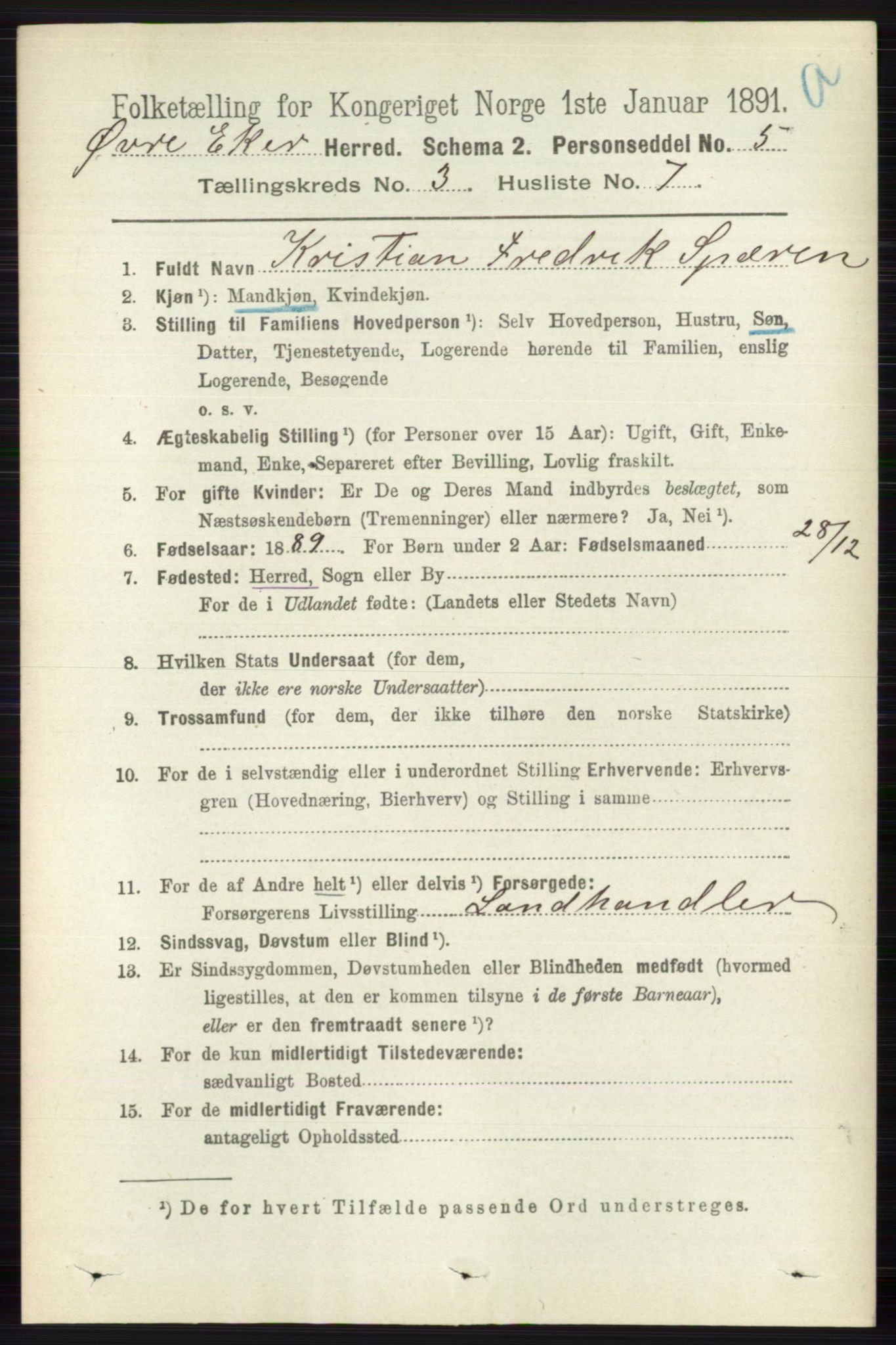 RA, 1891 census for 0624 Øvre Eiker, 1891, p. 1030