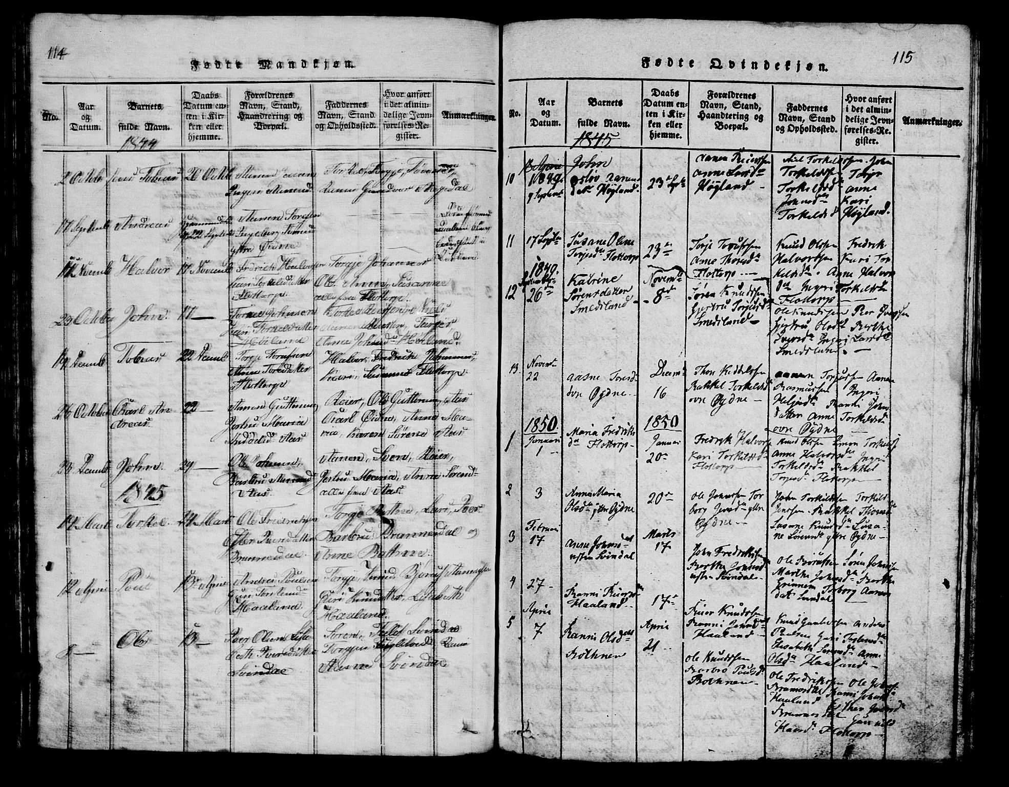 Bjelland sokneprestkontor, SAK/1111-0005/F/Fb/Fbc/L0001: Parish register (copy) no. B 1, 1815-1870, p. 114-115