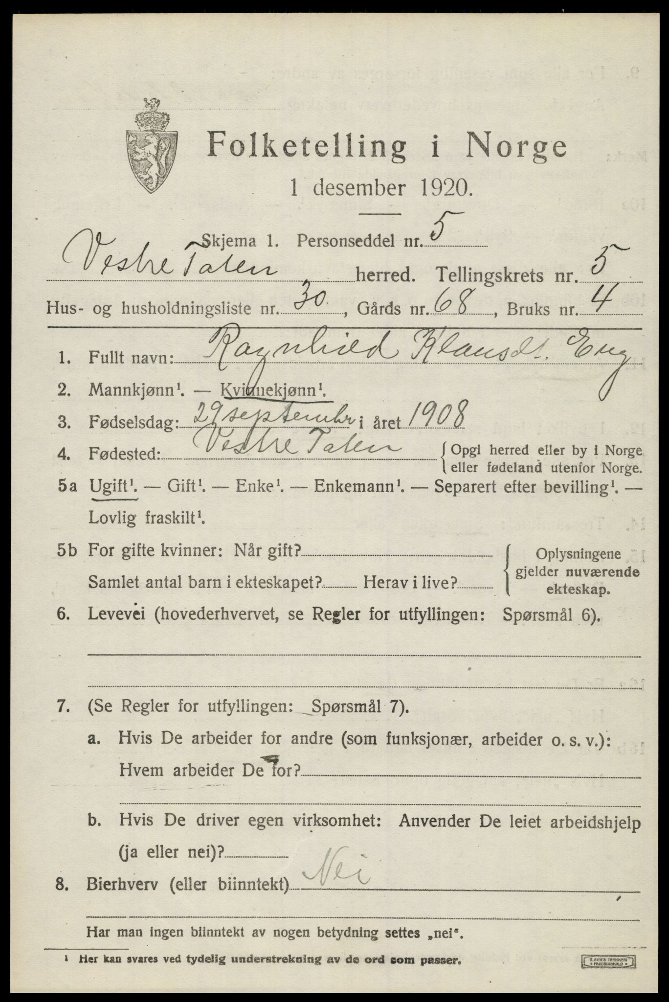SAH, 1920 census for Vestre Toten, 1920, p. 7684