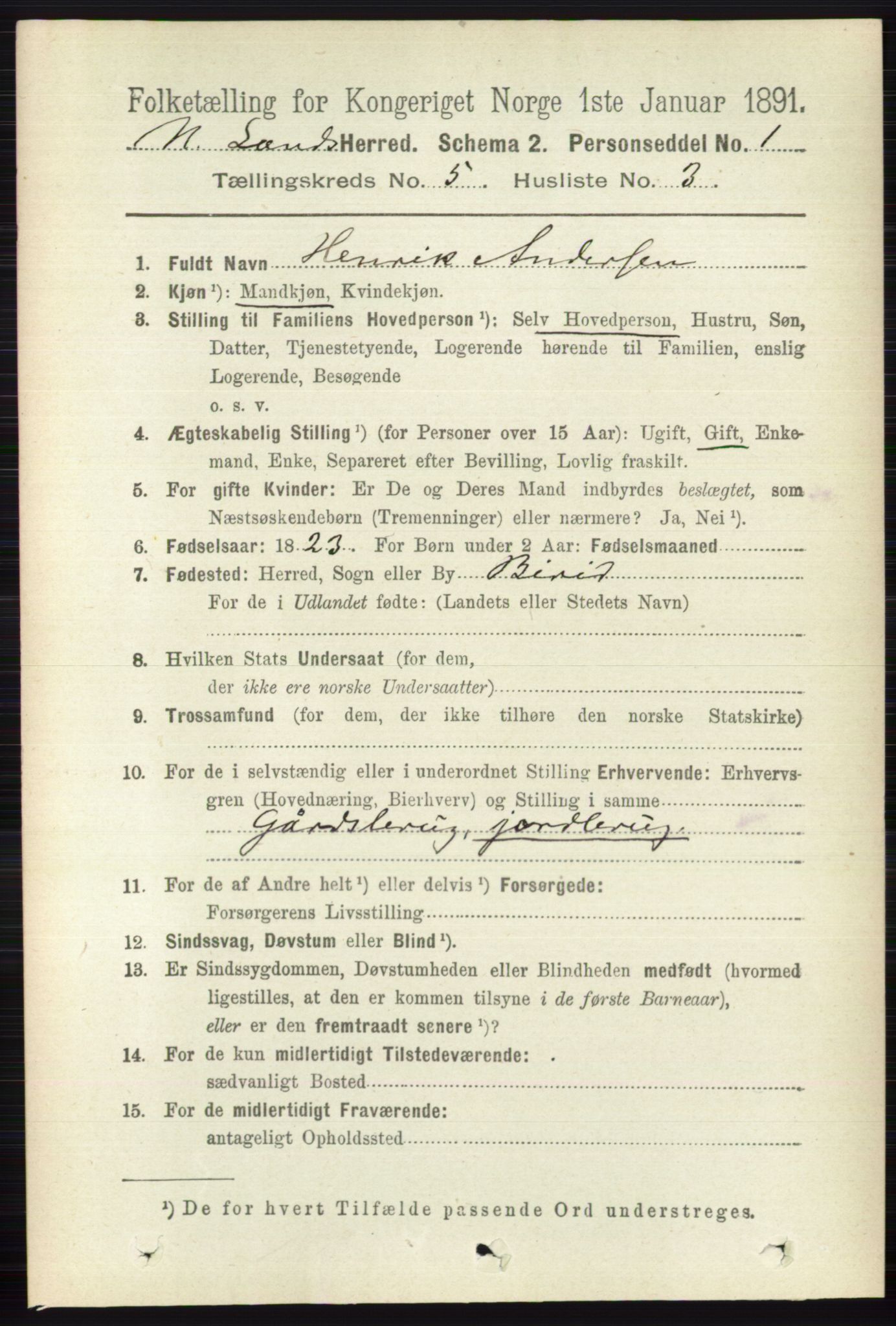 RA, 1891 census for 0538 Nordre Land, 1891, p. 1563