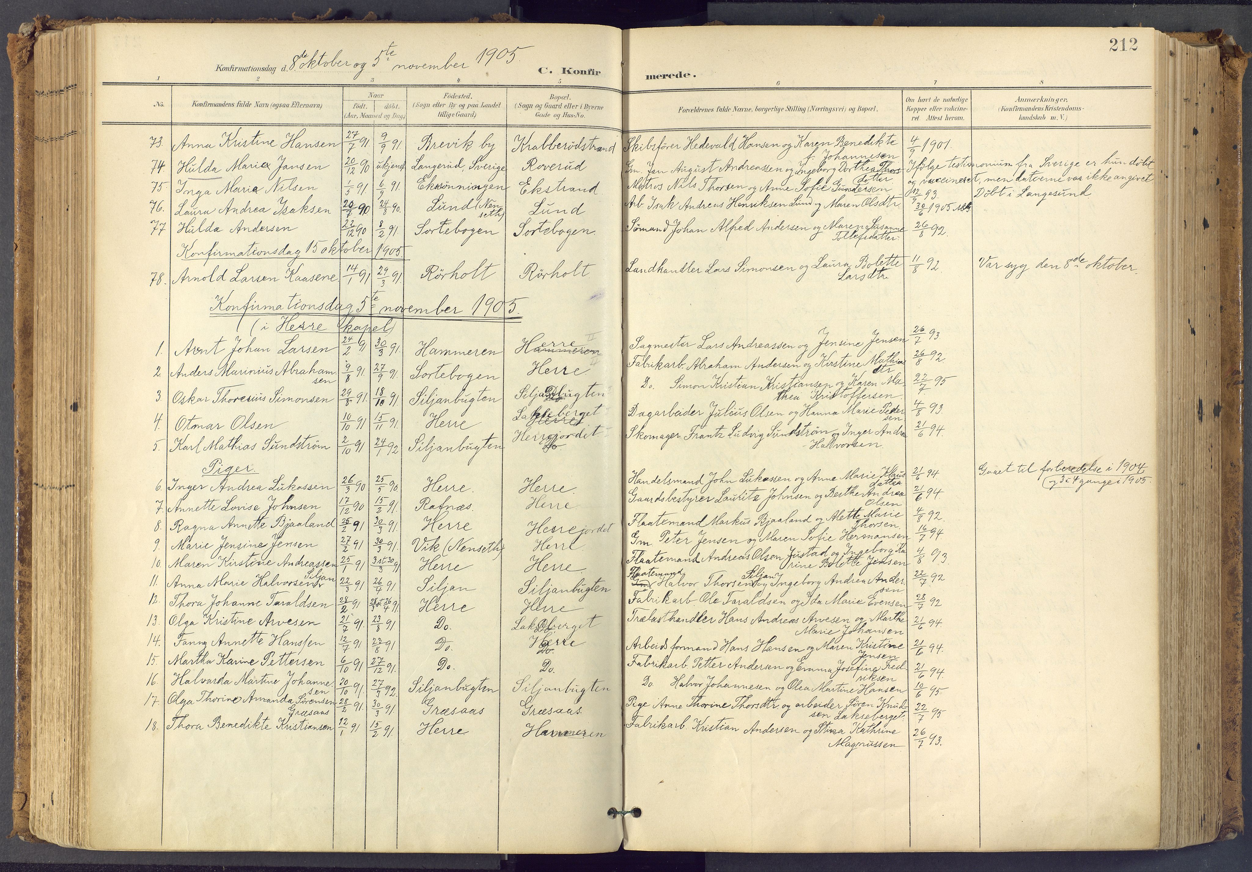 Bamble kirkebøker, SAKO/A-253/F/Fa/L0009: Parish register (official) no. I 9, 1901-1917, p. 212