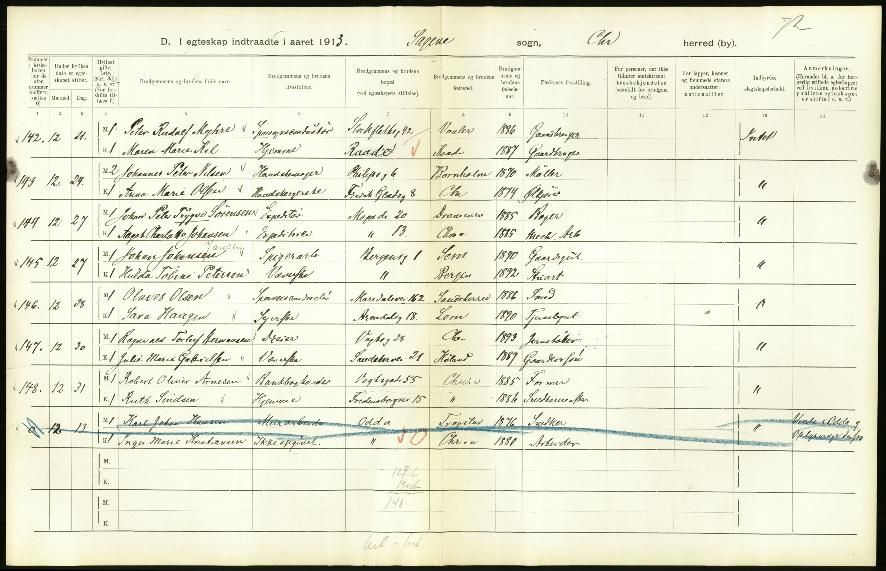 Statistisk sentralbyrå, Sosiodemografiske emner, Befolkning, AV/RA-S-2228/D/Df/Dfb/Dfbc/L0008: Kristiania: Gifte., 1913, p. 412