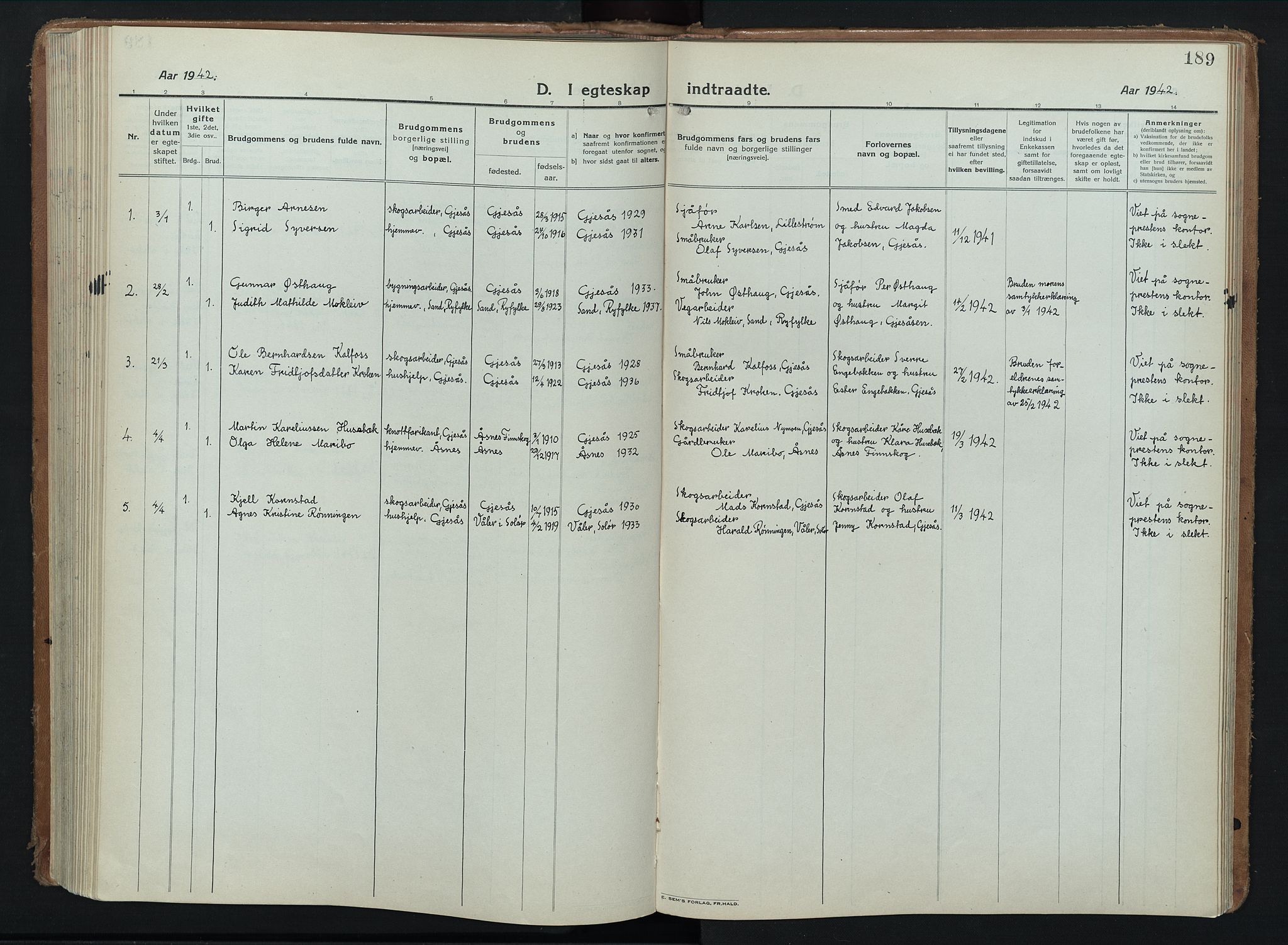 Åsnes prestekontor, AV/SAH-PREST-042/H/Ha/Hab/L0012: Parish register (copy) no. 12, 1921-1942, p. 189