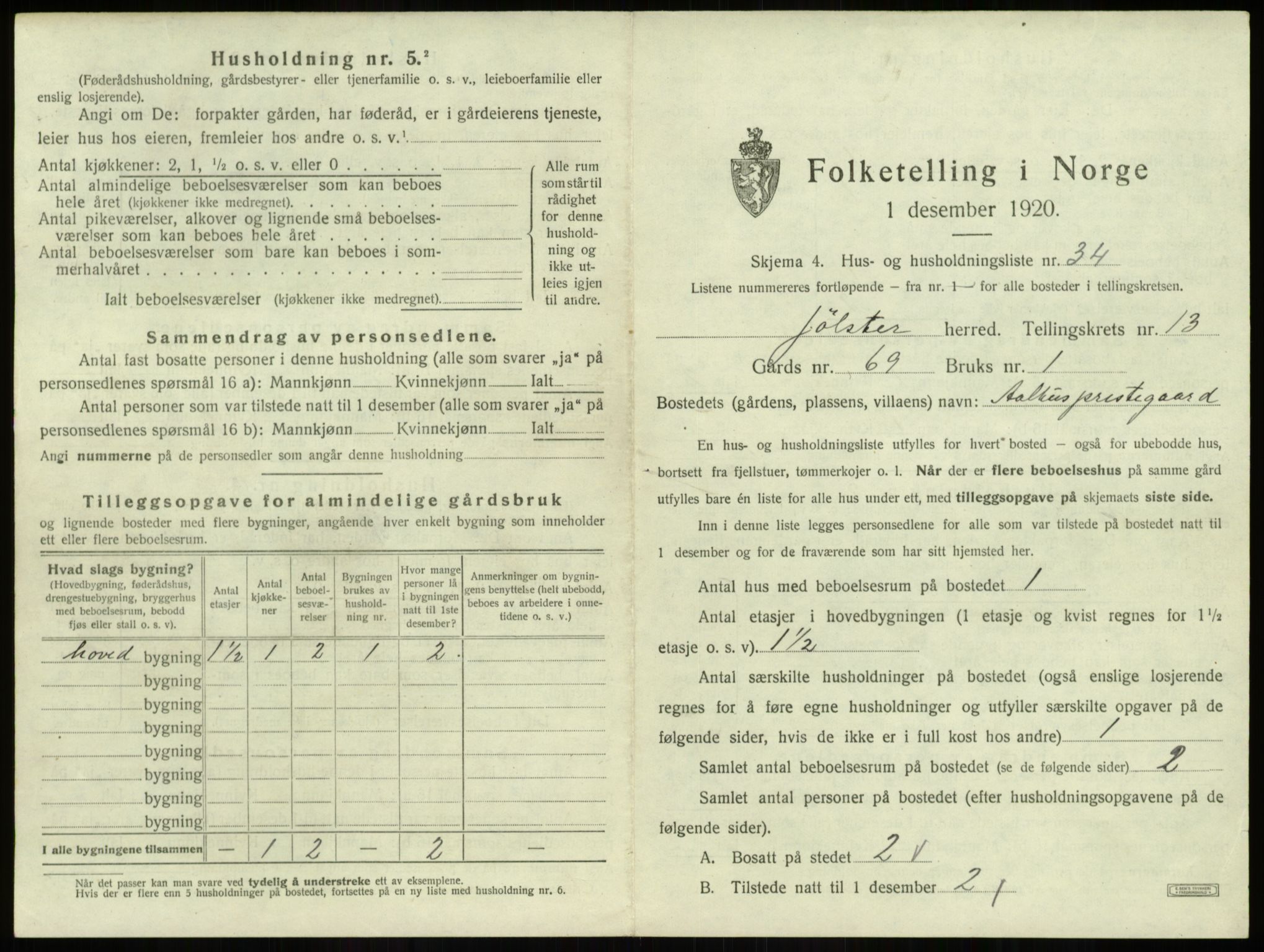 SAB, 1920 census for Jølster, 1920, p. 915