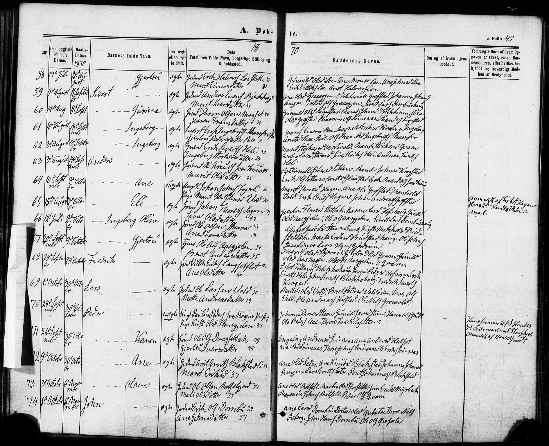 Ministerialprotokoller, klokkerbøker og fødselsregistre - Sør-Trøndelag, SAT/A-1456/672/L0856: Parish register (official) no. 672A08, 1861-1881, p. 45