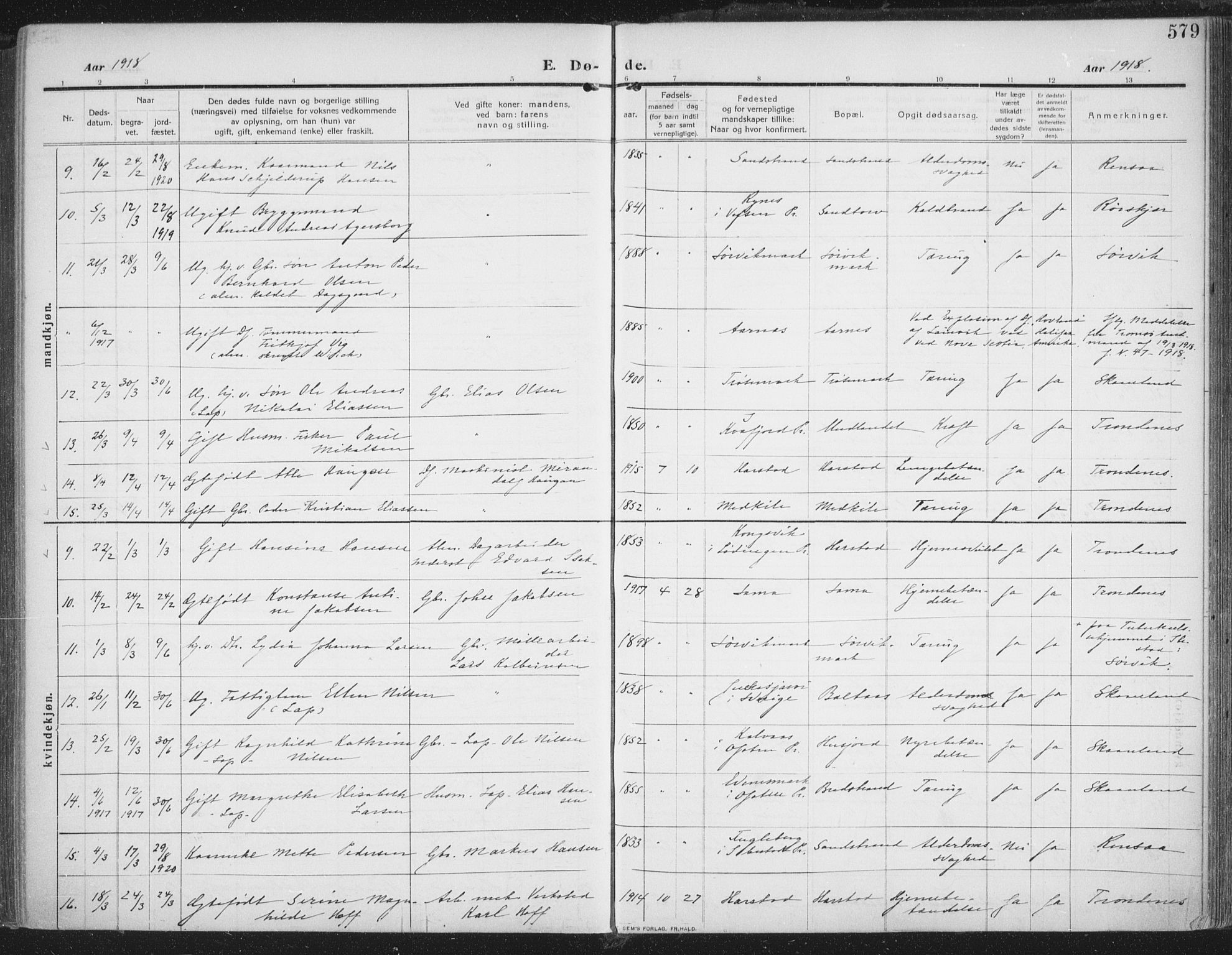 Trondenes sokneprestkontor, AV/SATØ-S-1319/H/Ha/L0018kirke: Parish register (official) no. 18, 1909-1918, p. 579