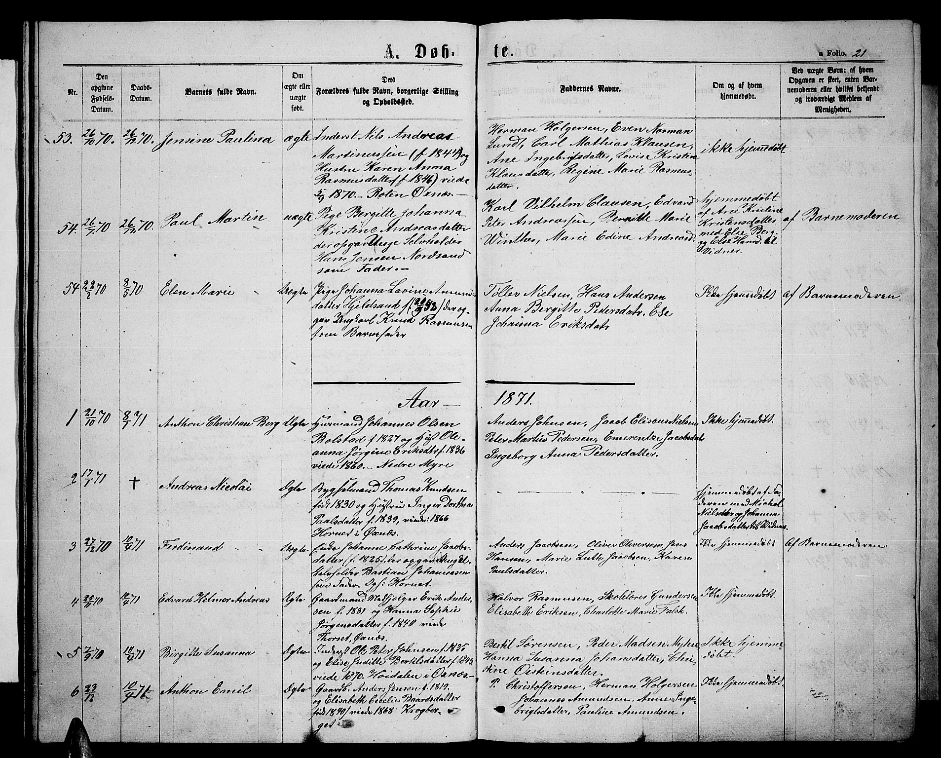 Ministerialprotokoller, klokkerbøker og fødselsregistre - Nordland, SAT/A-1459/893/L1348: Parish register (copy) no. 893C03, 1867-1877, p. 21
