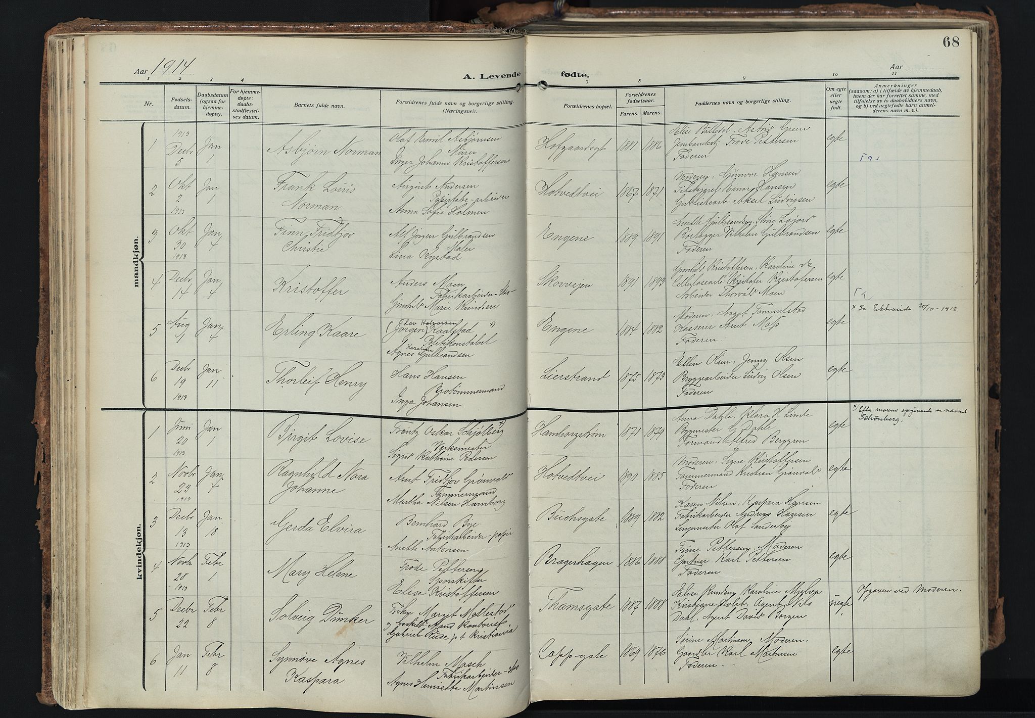 Bragernes kirkebøker, SAKO/A-6/F/Fb/L0010: Parish register (official) no. II 10, 1911-1922, p. 68
