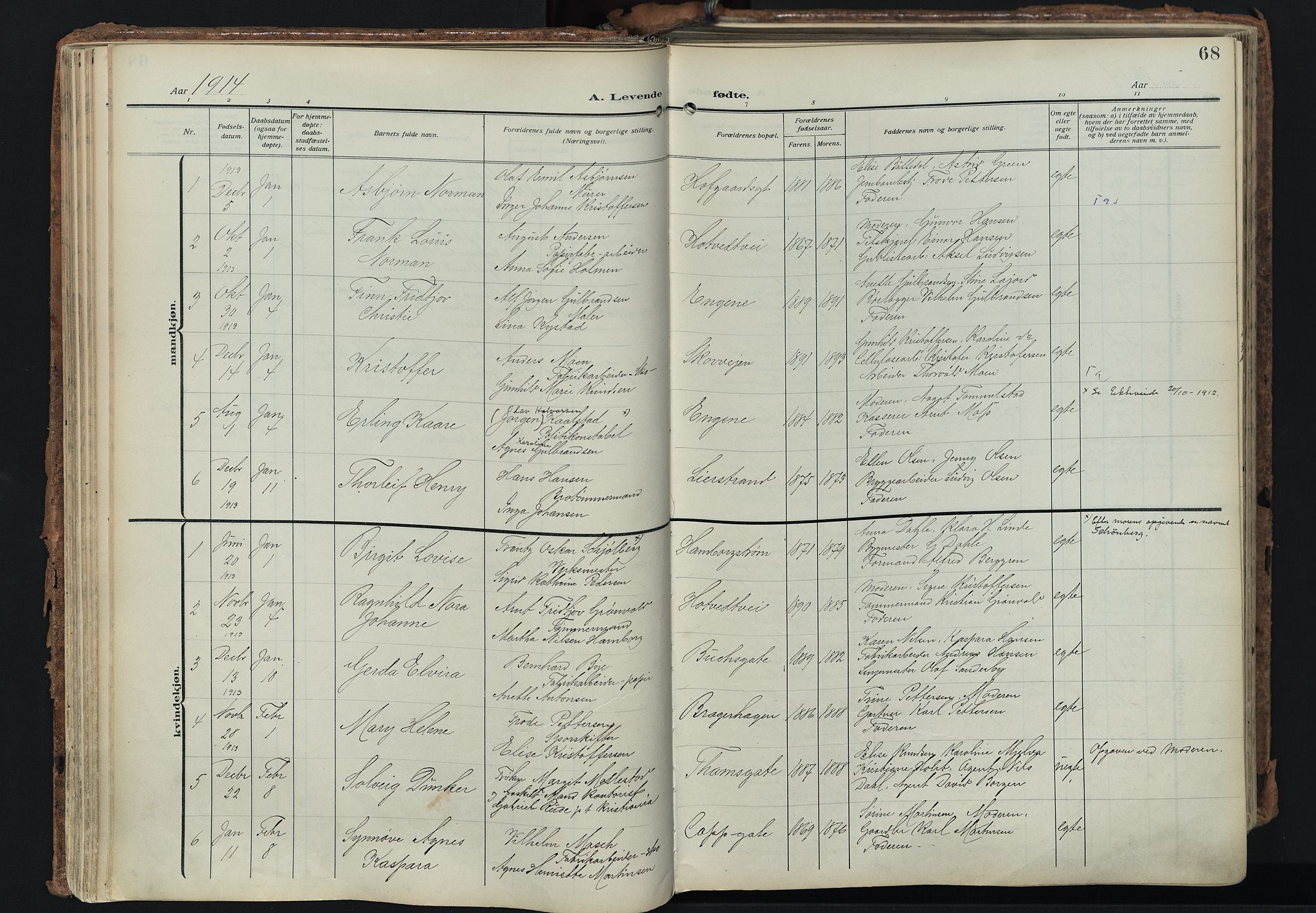 Bragernes kirkebøker, AV/SAKO-A-6/F/Fb/L0010: Parish register (official) no. II 10, 1911-1922, p. 68