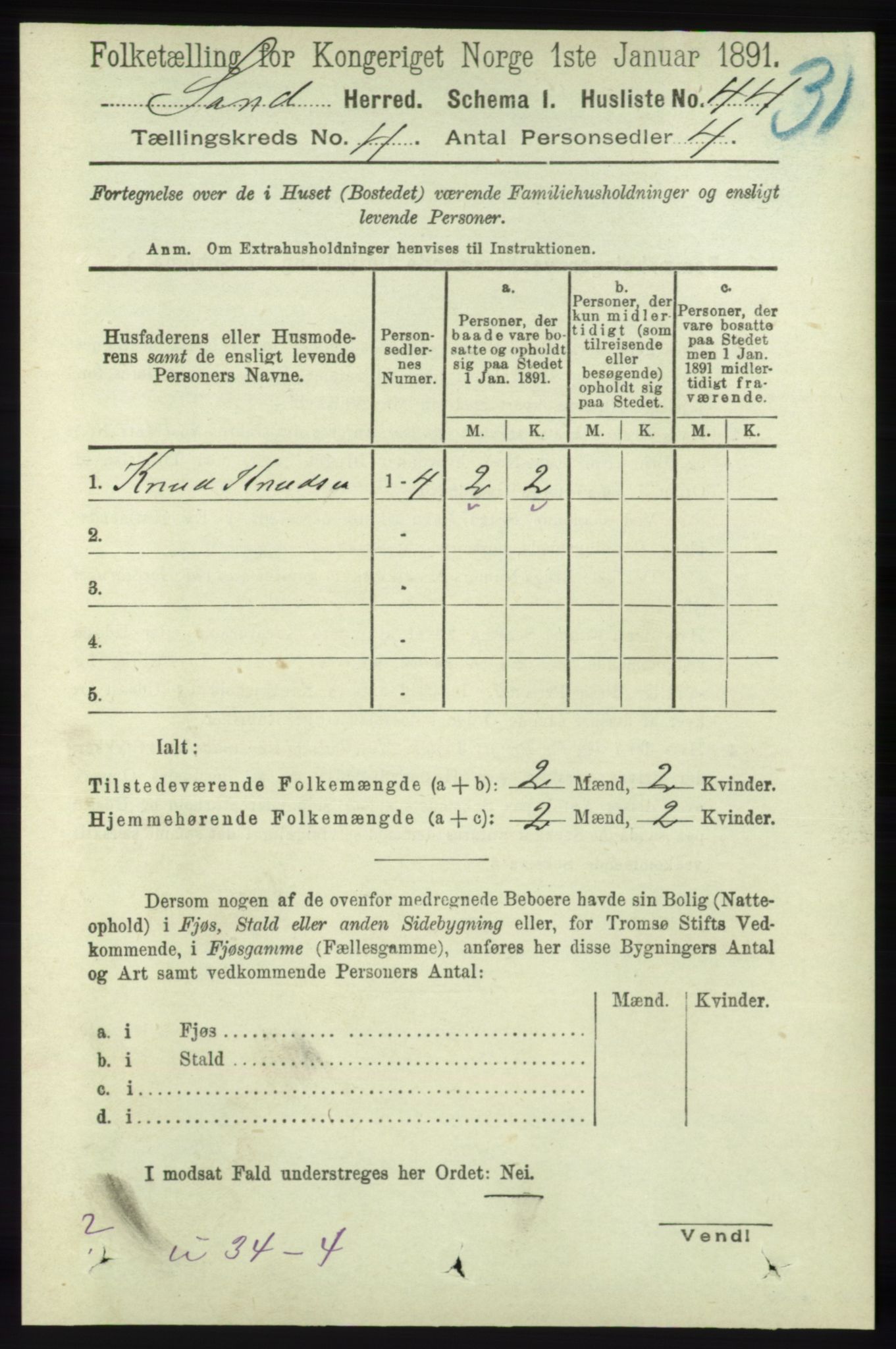 RA, 1891 census for 1136 Sand, 1891, p. 1197