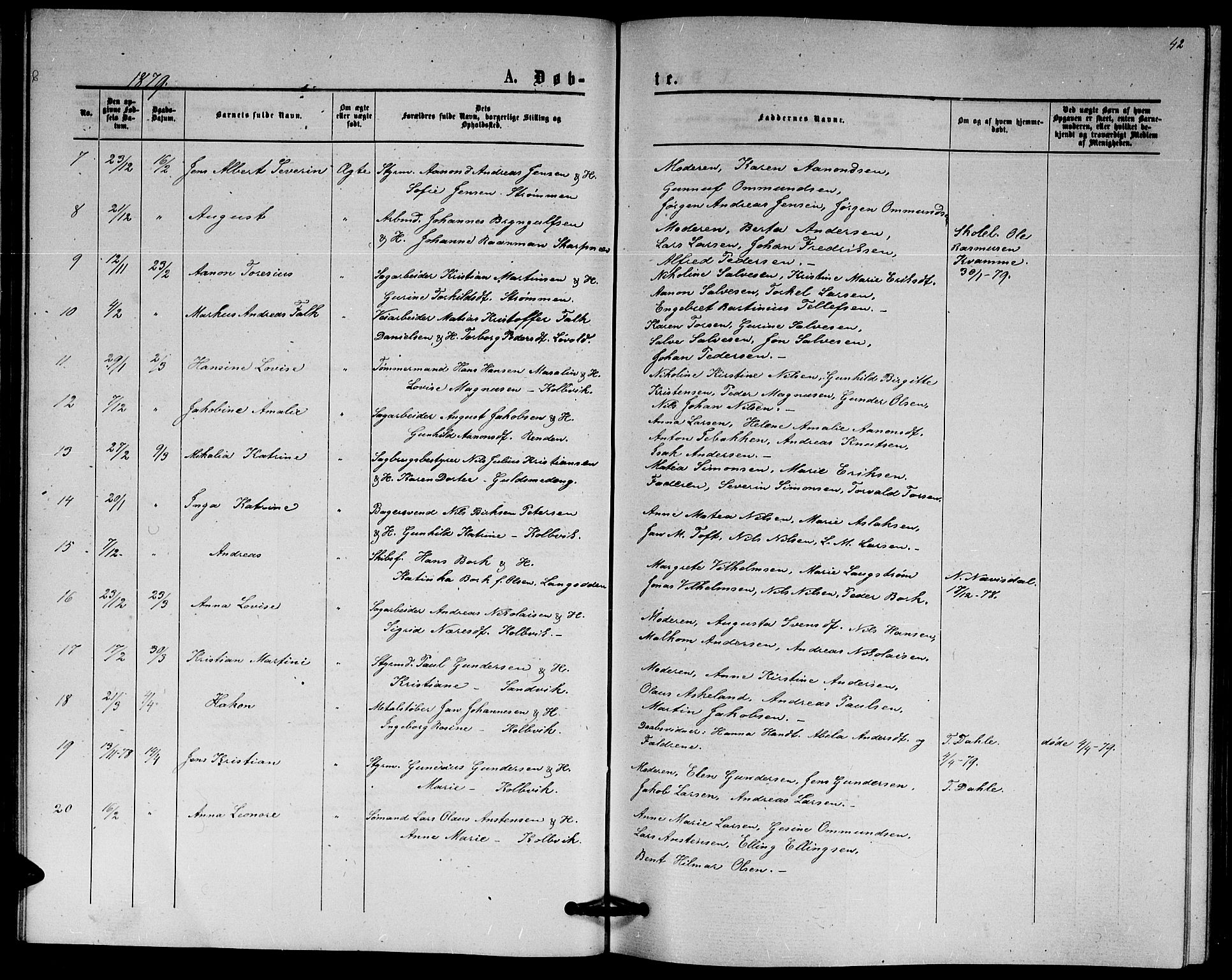 Hisøy sokneprestkontor, SAK/1111-0020/F/Fb/L0002: Parish register (copy) no. B 2, 1873-1885, p. 42