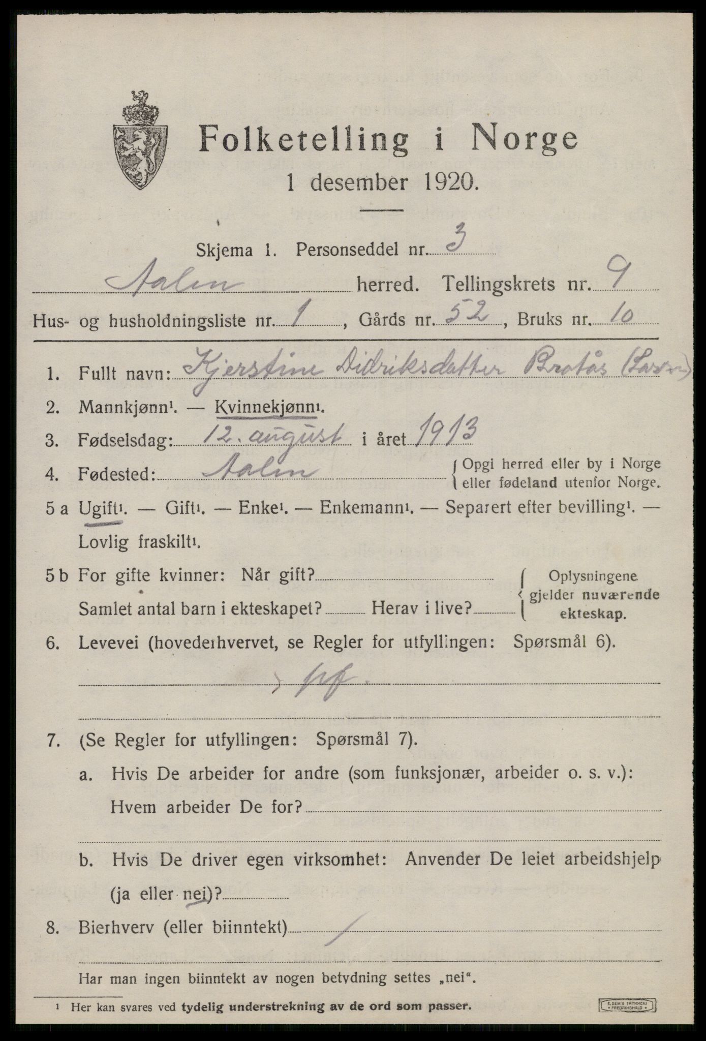 SAT, 1920 census for Ålen, 1920, p. 4070