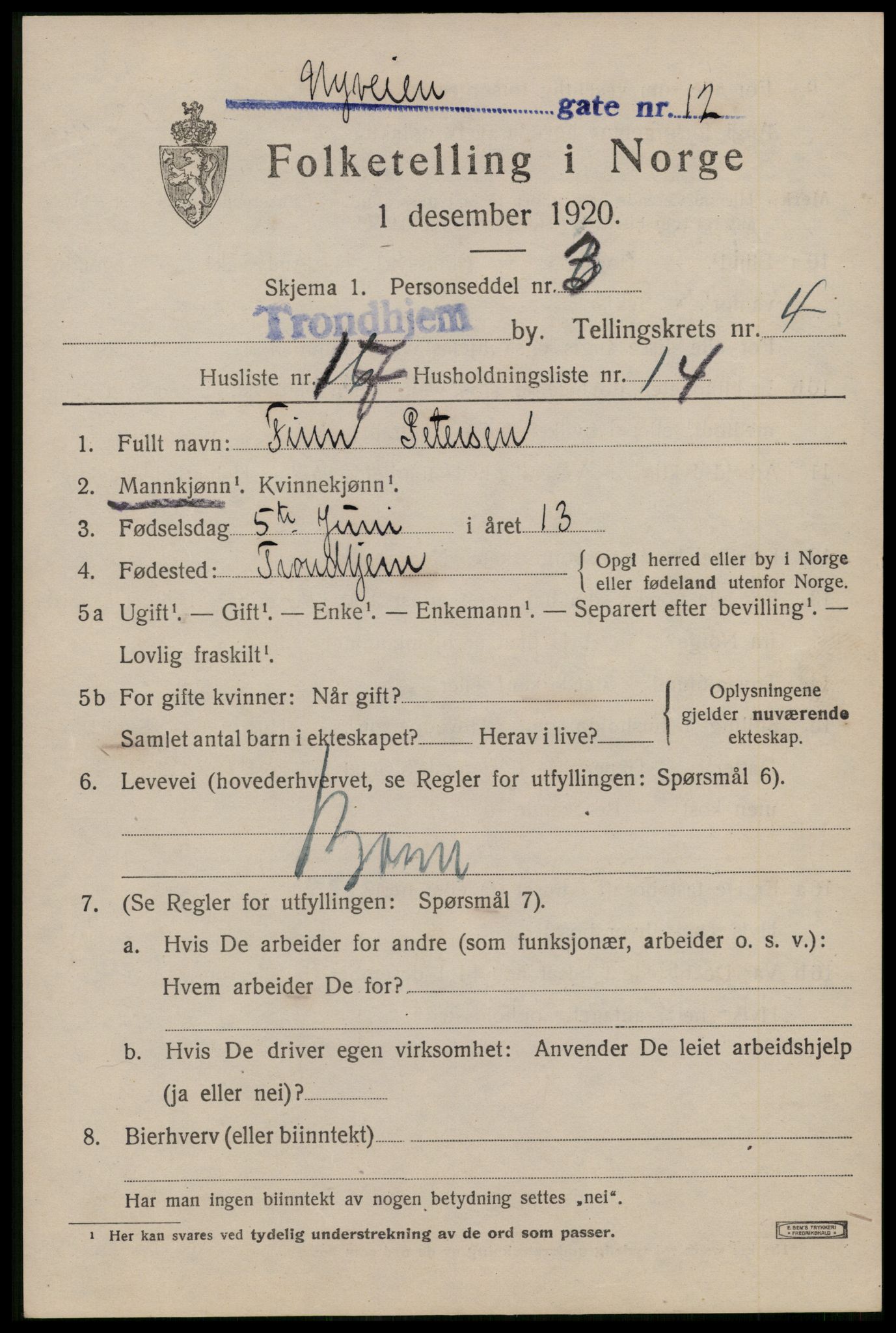 SAT, 1920 census for Trondheim, 1920, p. 37532