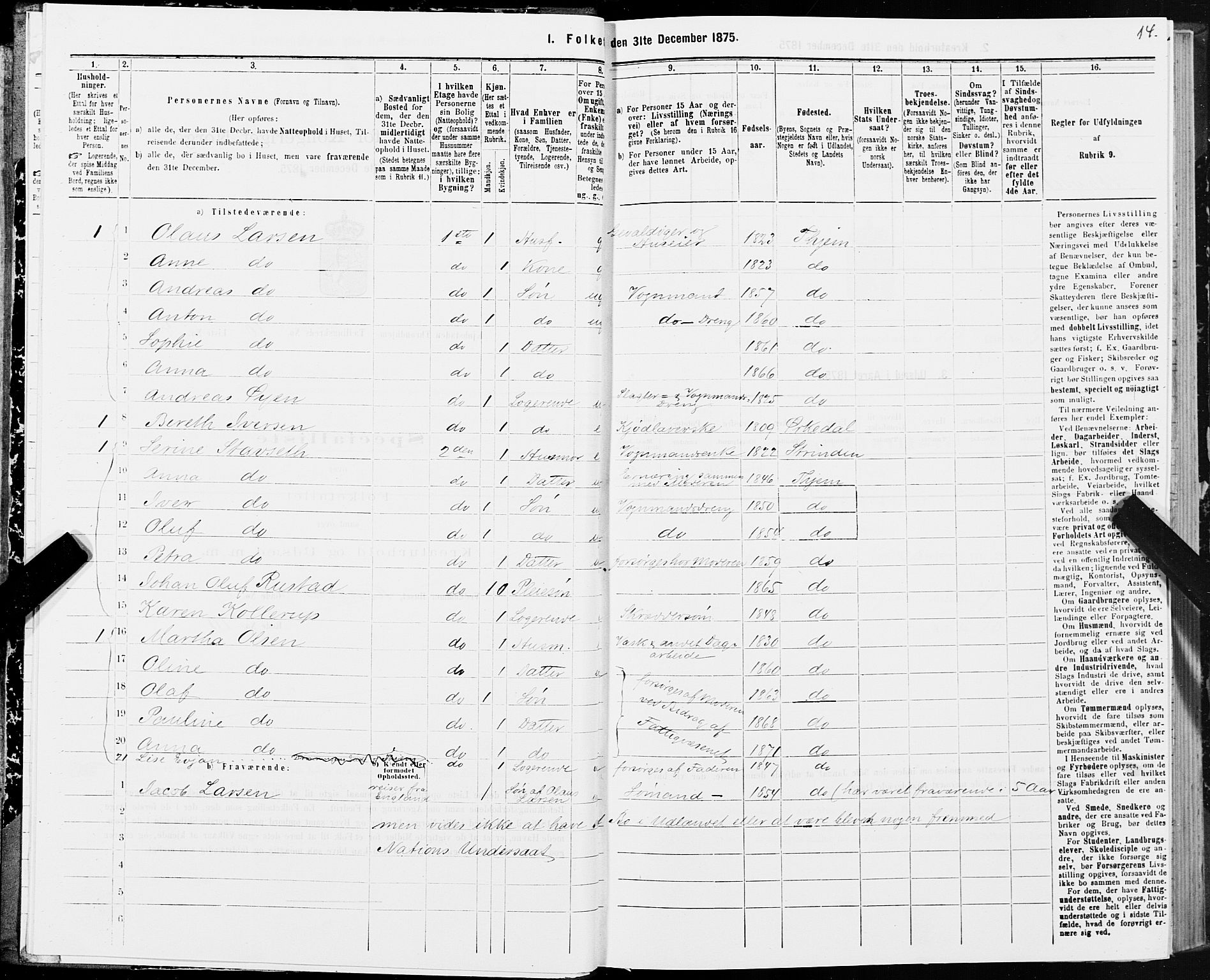SAT, 1875 census for 1601 Trondheim, 1875, p. 6014