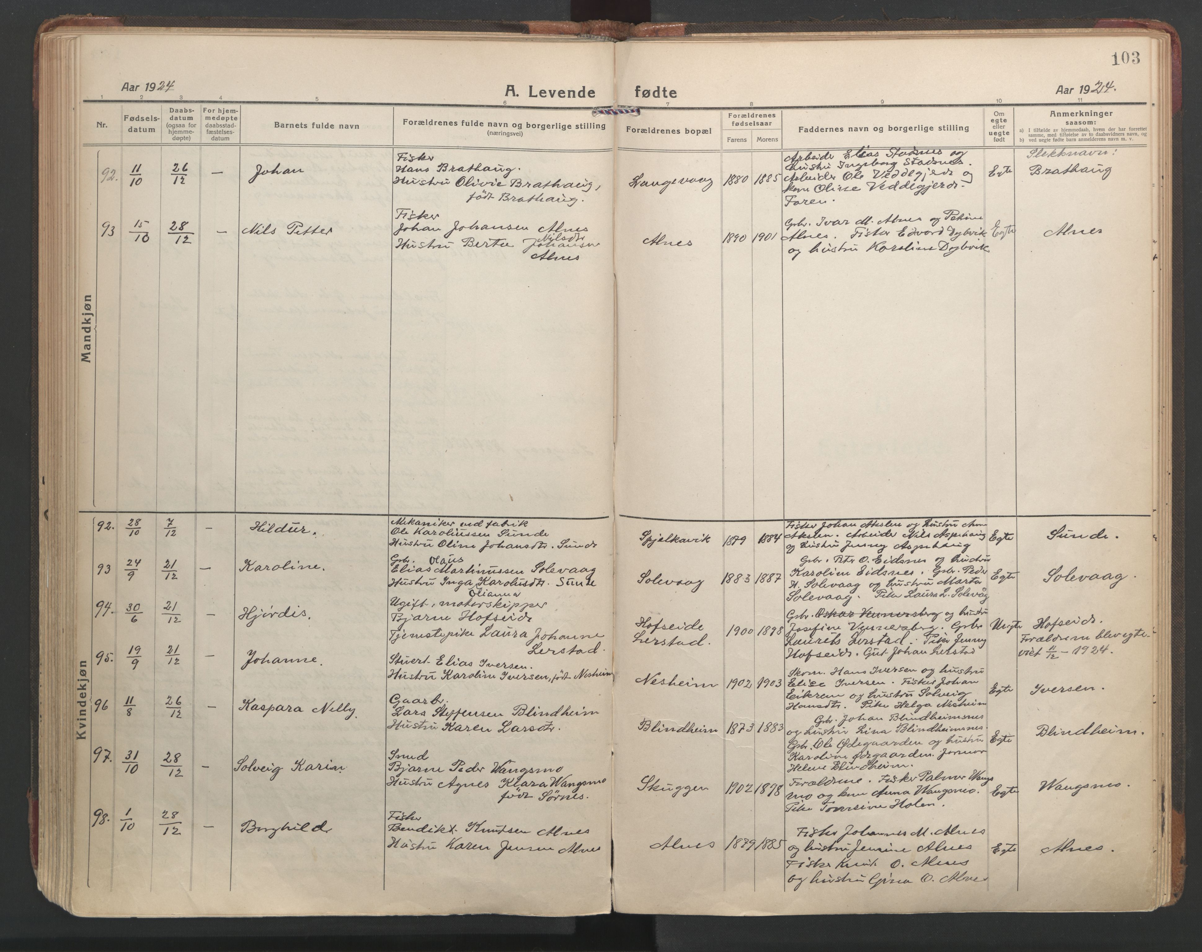 Ministerialprotokoller, klokkerbøker og fødselsregistre - Møre og Romsdal, SAT/A-1454/528/L0412: Parish register (official) no. 528A21, 1920-1926, p. 103