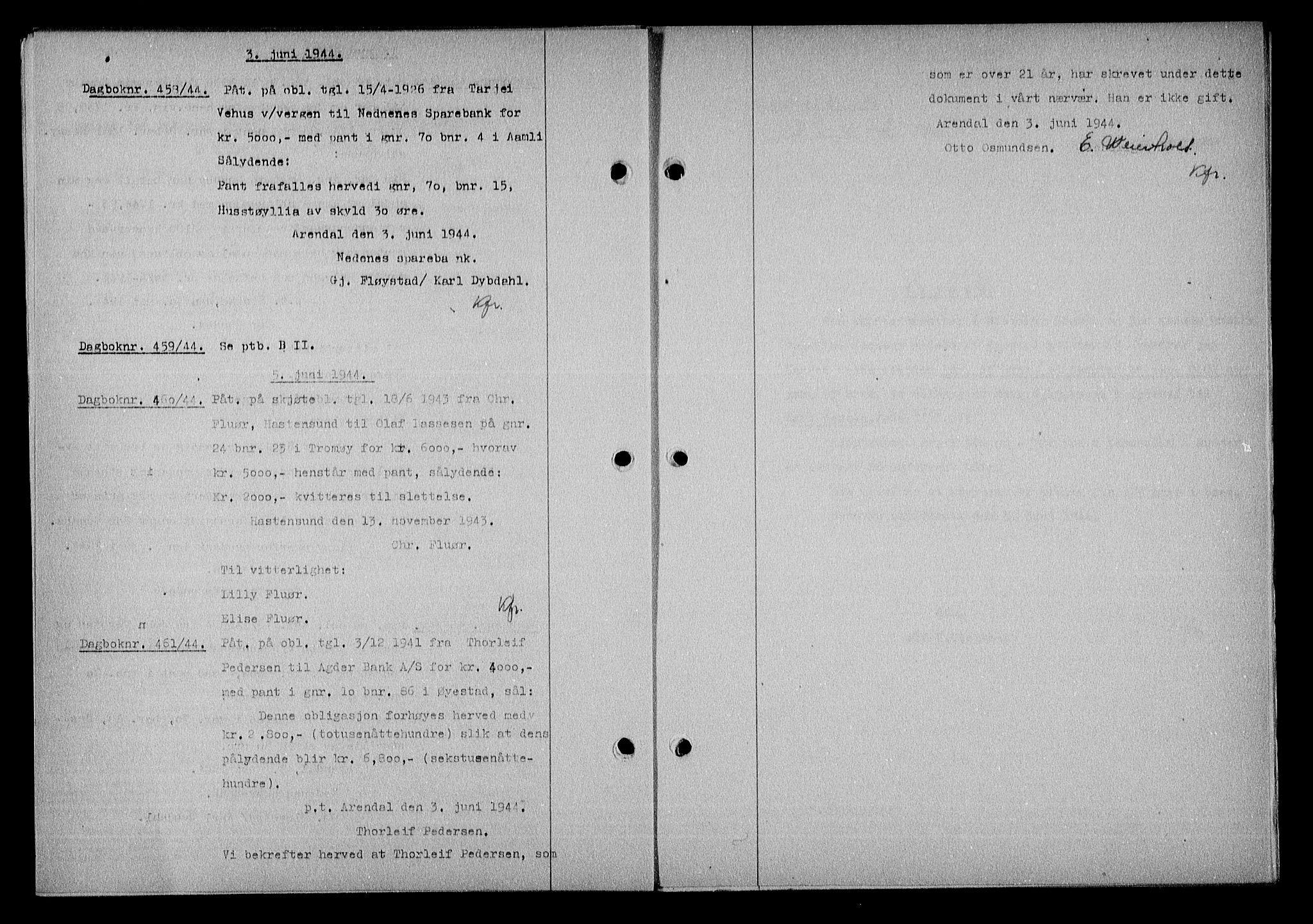 Nedenes sorenskriveri, SAK/1221-0006/G/Gb/Gba/L0051: Mortgage book no. A-V, 1943-1944, Diary no: : 459/1944