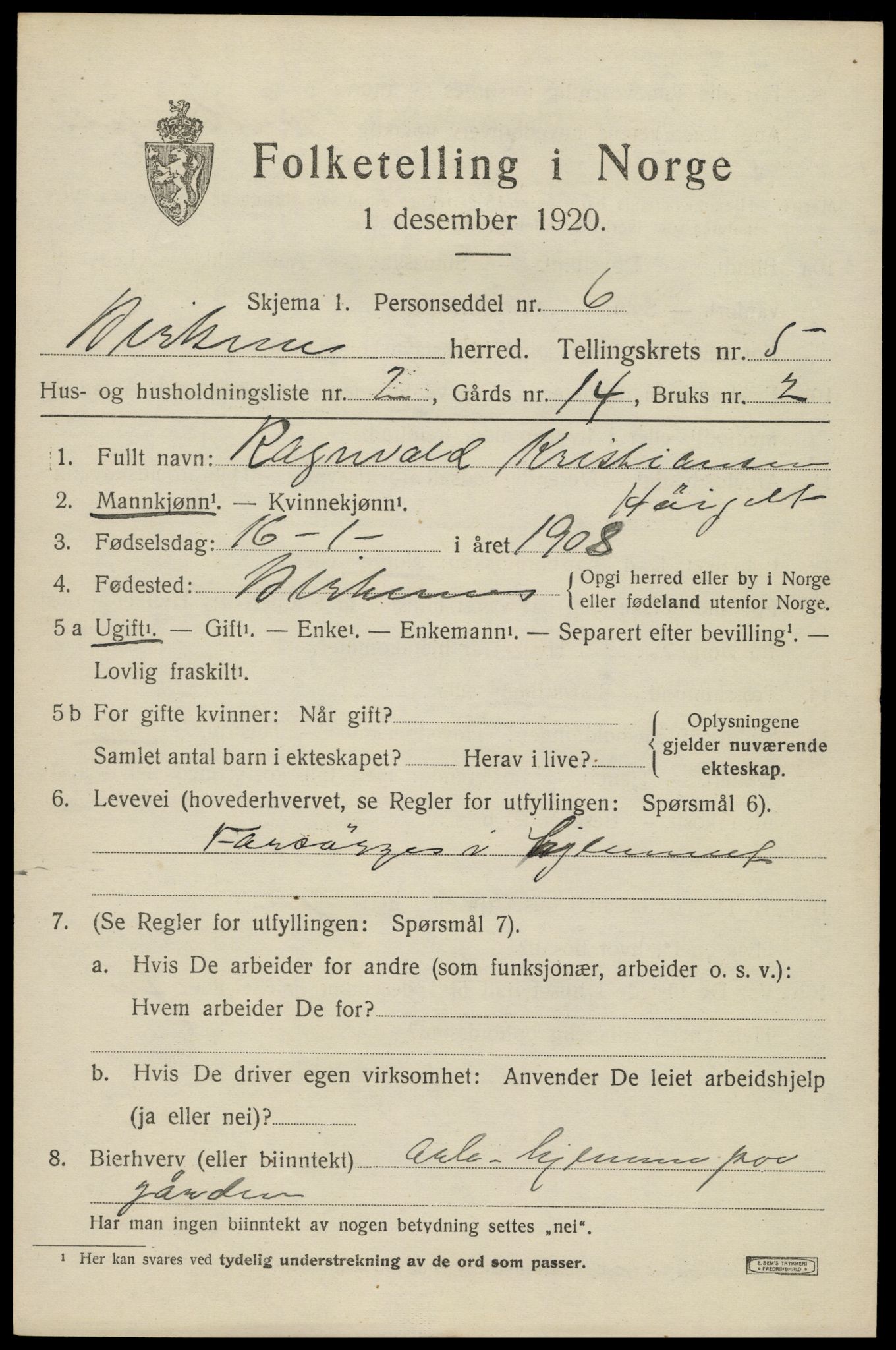 SAK, 1920 census for Birkenes, 1920, p. 3035