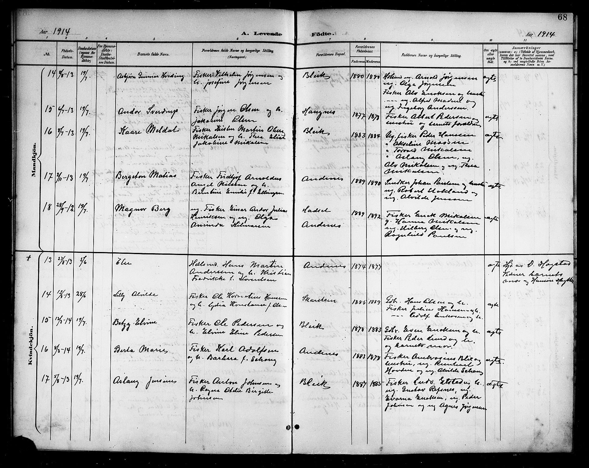 Ministerialprotokoller, klokkerbøker og fødselsregistre - Nordland, AV/SAT-A-1459/899/L1449: Parish register (copy) no. 899C04, 1900-1918, p. 68