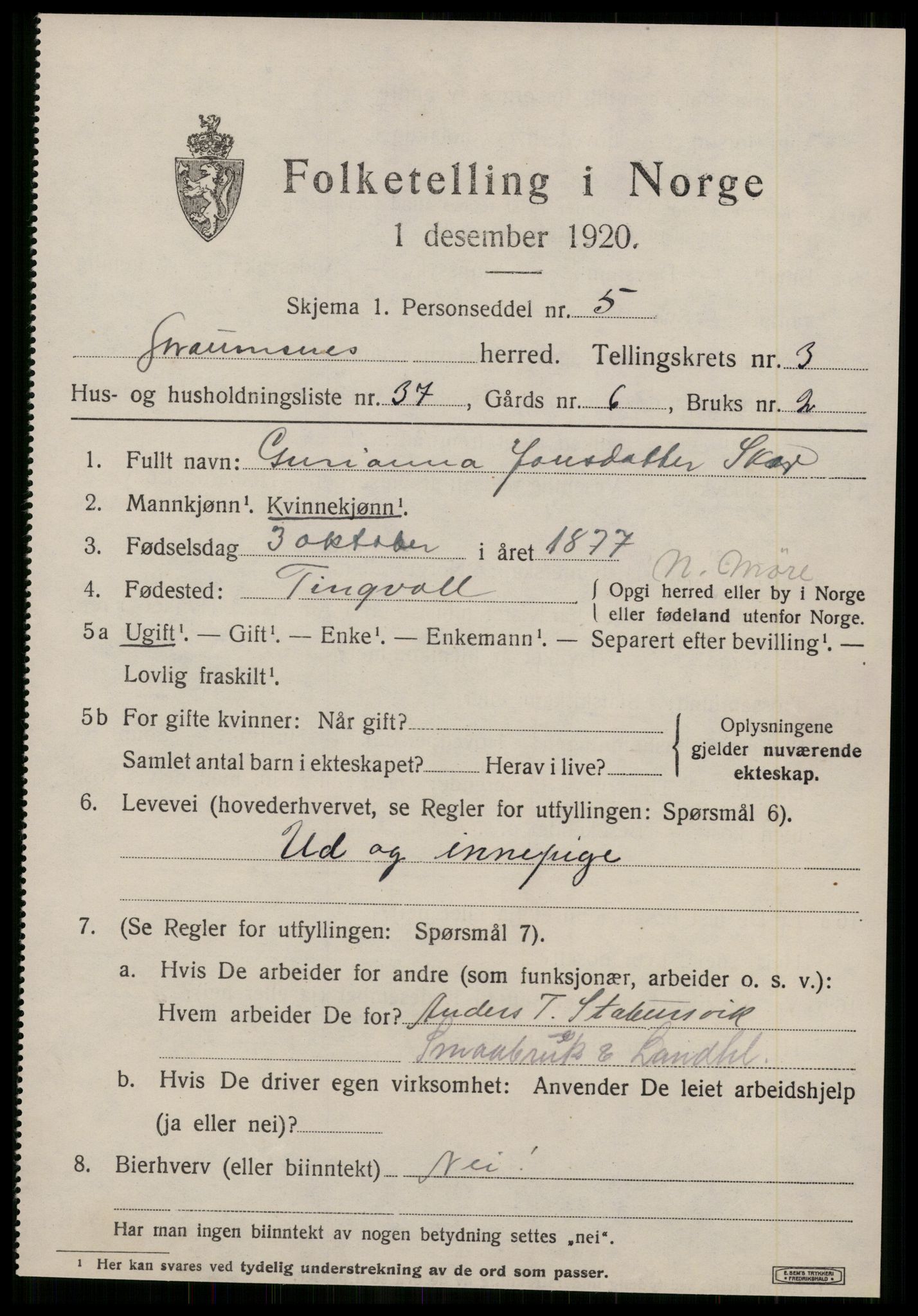 SAT, 1920 census for Straumsnes, 1920, p. 1535